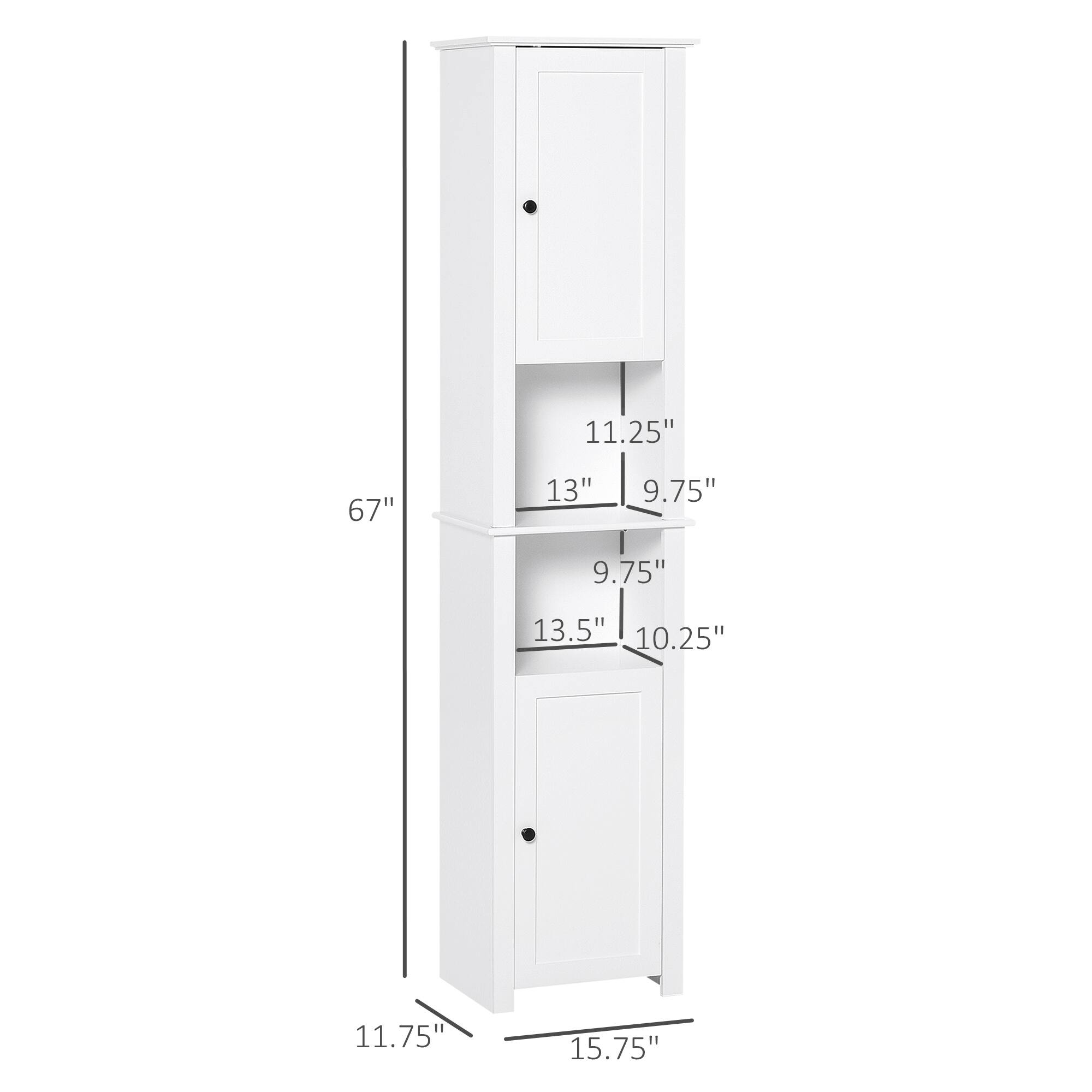 - Height: 67"
- Width: 11.75"
- Depth: 15.75"

- Top Cabinet:
  - Height: 11.25"
  - Width: 13"
  - Depth: 9.75"

- Middle Shelf:
  - Height: 9.75"
  - Width: 13.5"
  - Depth: 10.25"

- Bottom Cabinet:
  - Height: 13.5"
  - Width: 13"
  - Depth: 9.75"