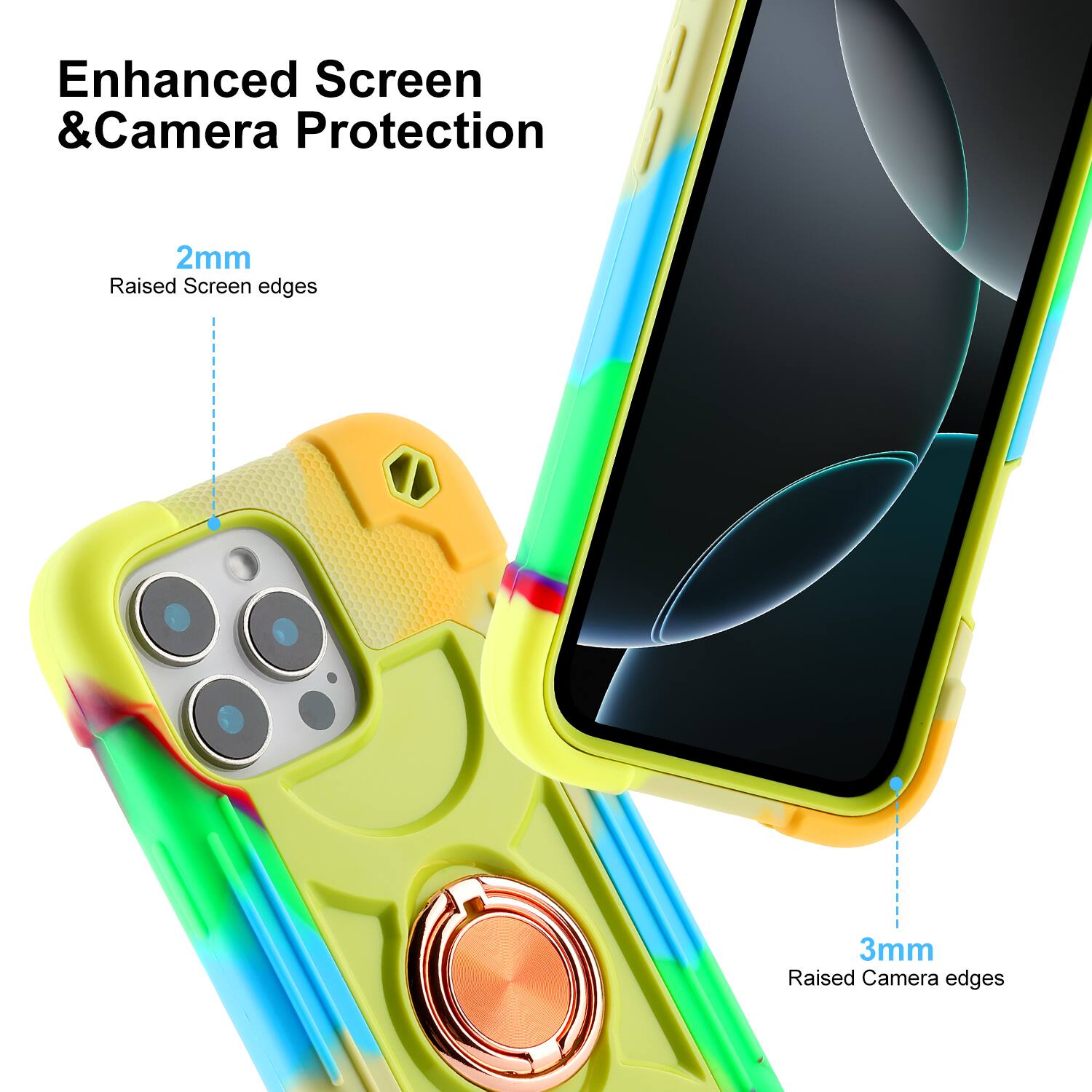 Enhanced Screen & Camera Protection  
2mm Raised Screen edges  
3mm Raised Camera edges
