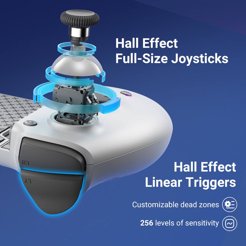 Hall Effect Full-Size Joysticks  
LB LT Hall Effect Linear Triggers  
Customizable dead zones  
256 levels of sensitivity