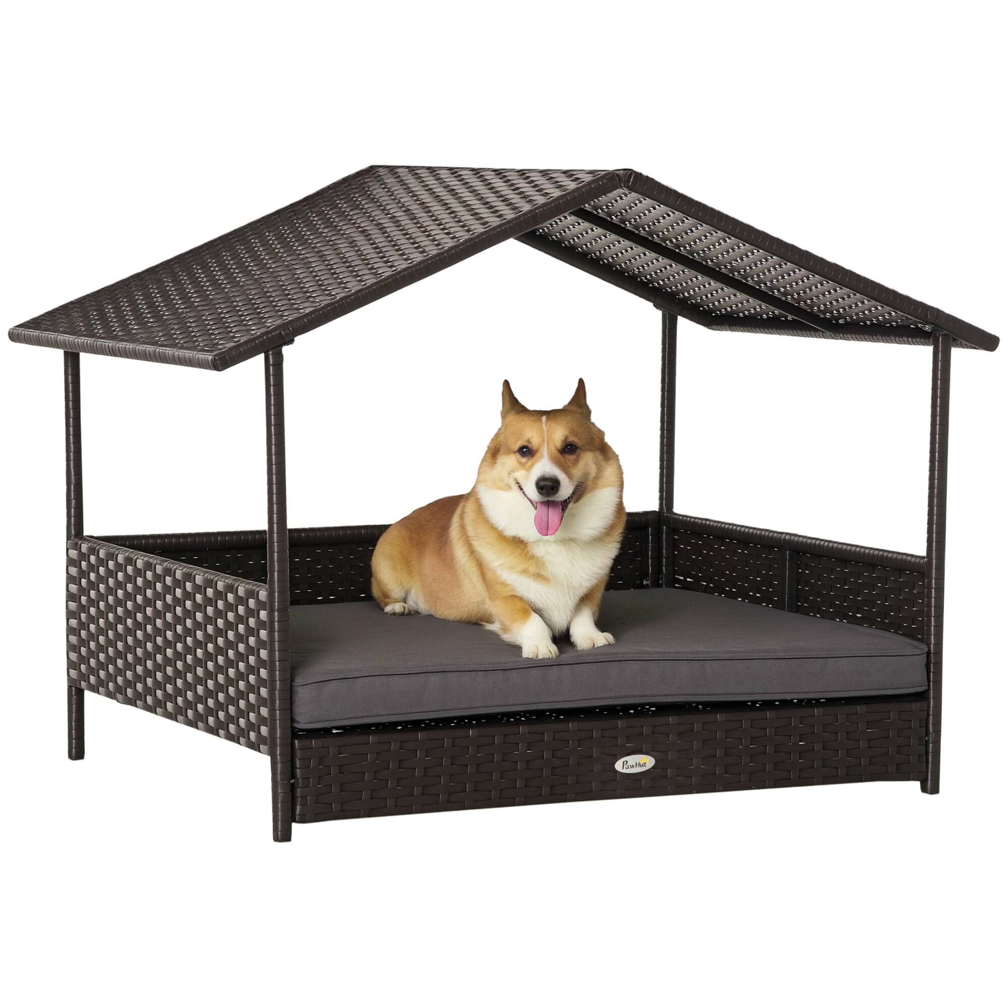 Front. Pawhut - Wicker Dog House Outdoor, Canopy, Rattan Bed with Water-resistant Cushion, Raised, 66 lbs, 19.75", Brown - Grey.