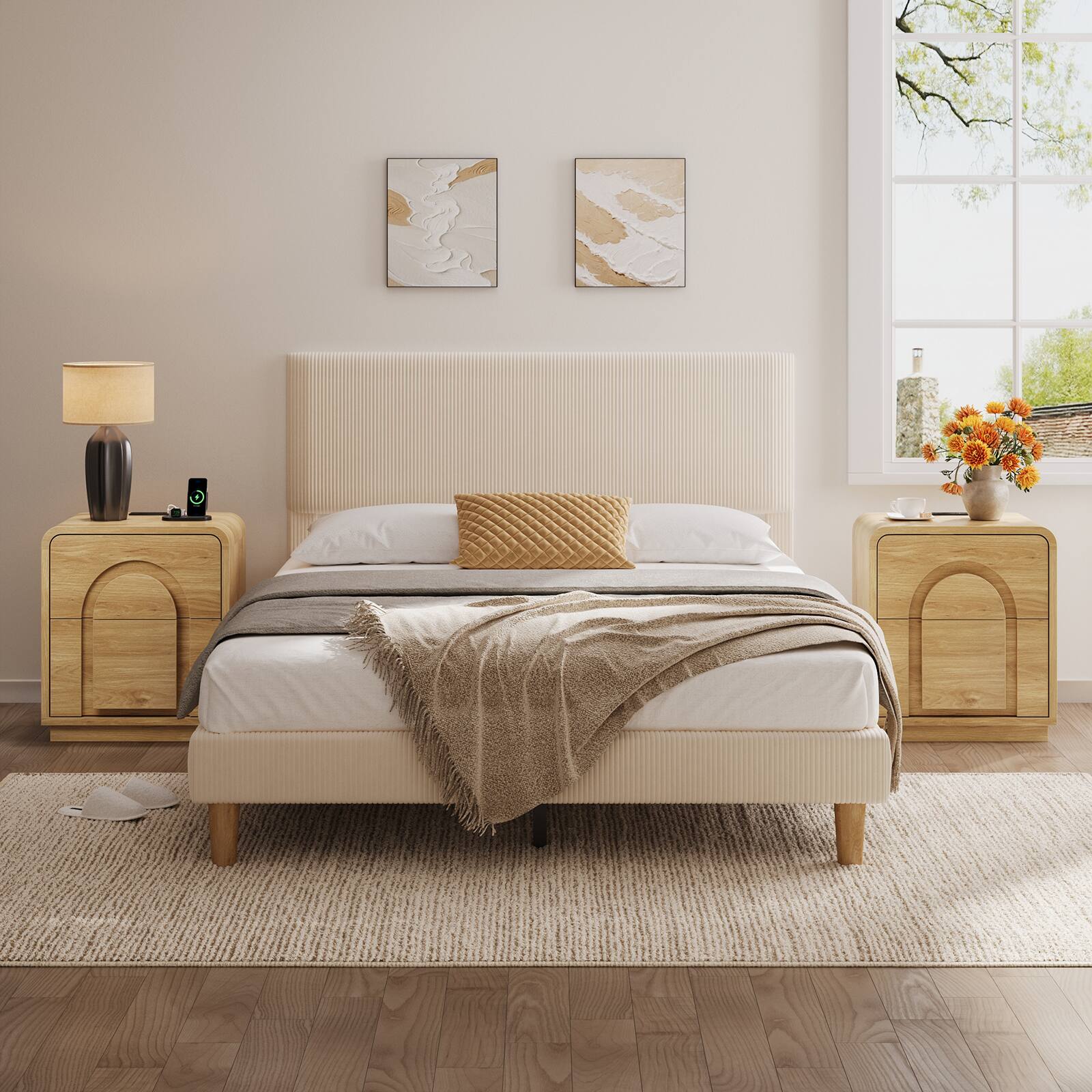 Back. Bestier - Nightstand with 2 Drawers, Charging Station & Arched Design, Embossed Bedroom End Table for Bedroom - Set of 2-Natural Oak.