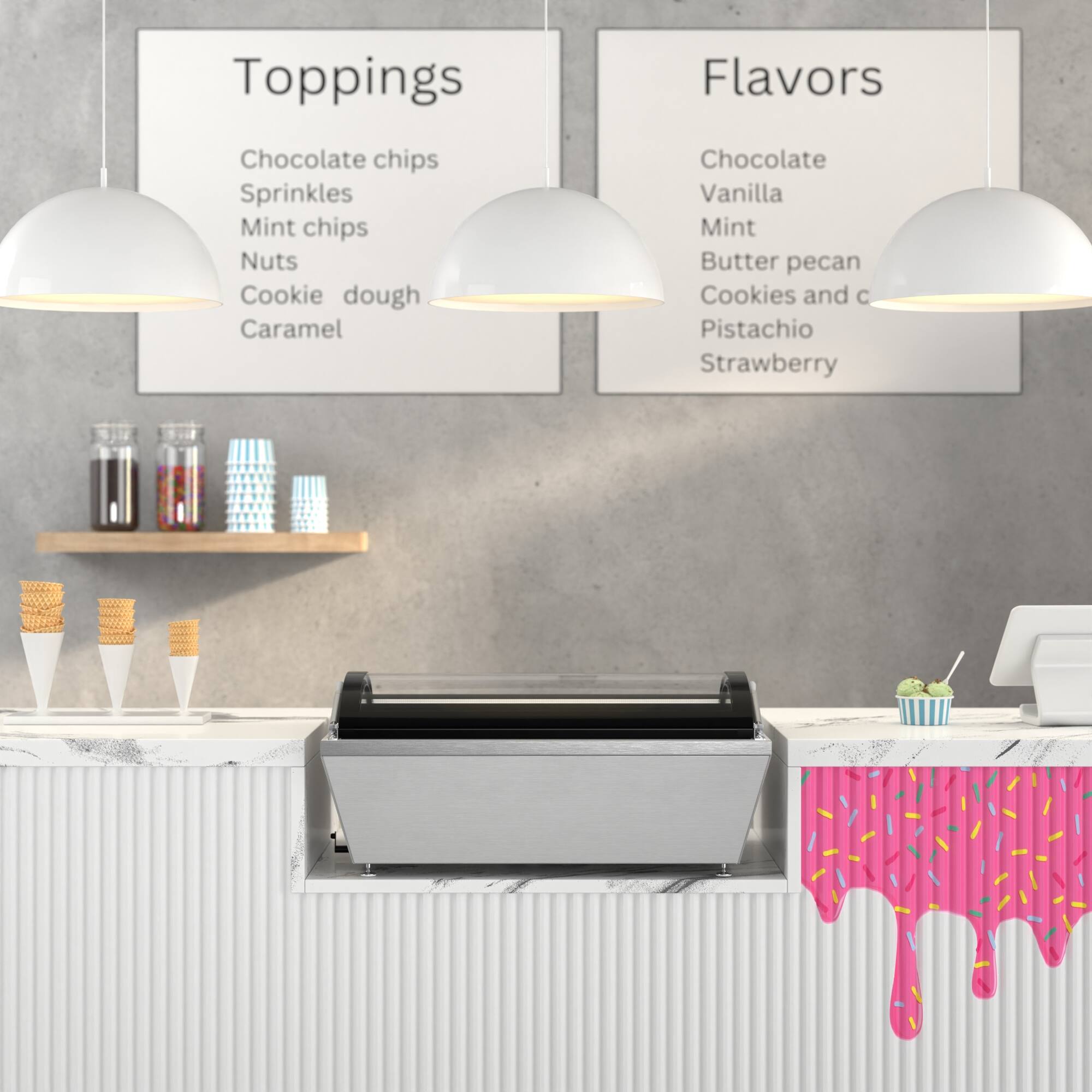 Toppings: Chocolate chips, Sprinkles, Mint chips, Nuts, Cookie dough, Caramel

Flavors: Chocolate, Vanilla, Mint, Butter pecan, Cookies and cream, Pistachio, Strawberry