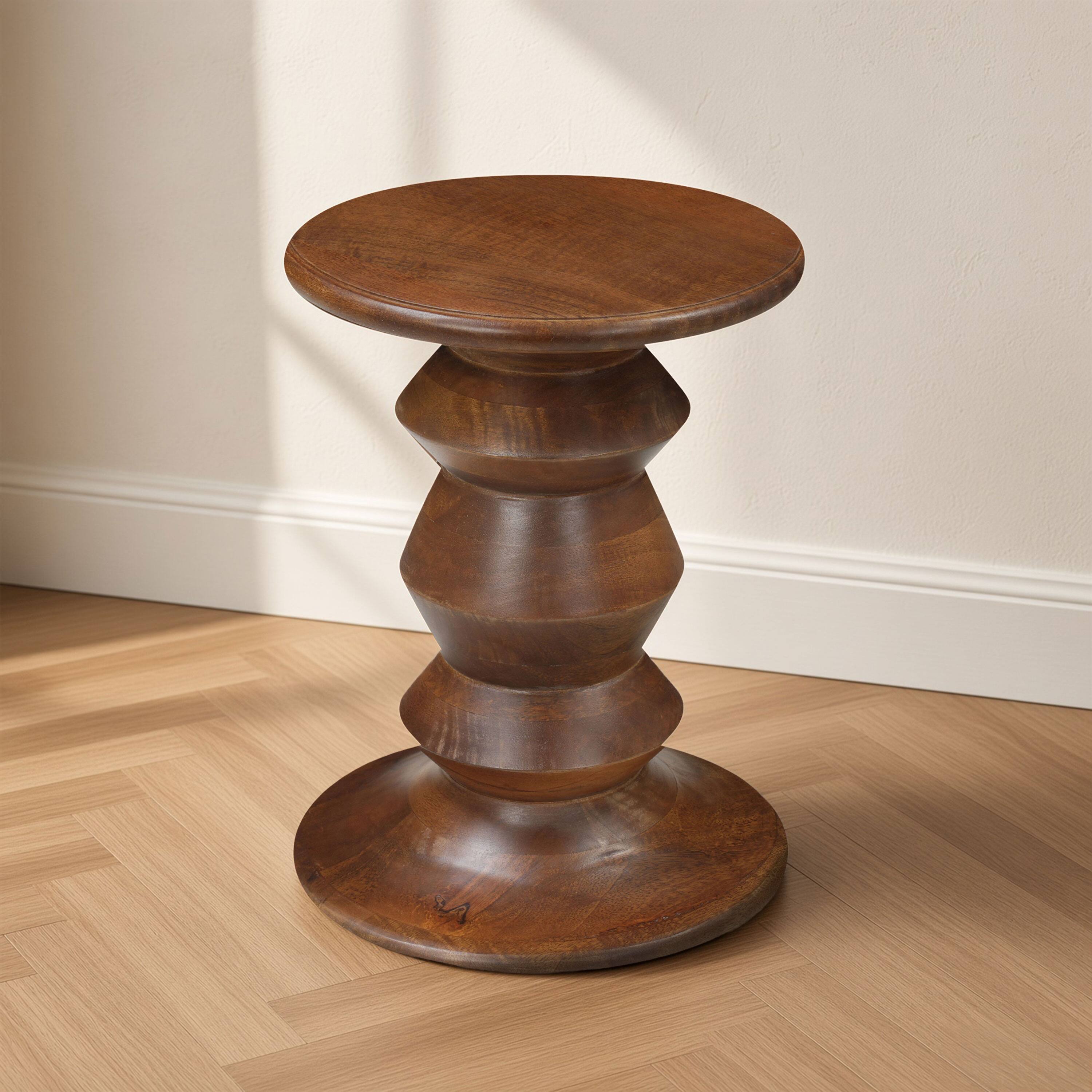 Alt View 3. Manhattan Lane - Jie Side End Table, Sculpted Pedestal Base, Mango Wood, 18.5 Inch - Walnut Brown.