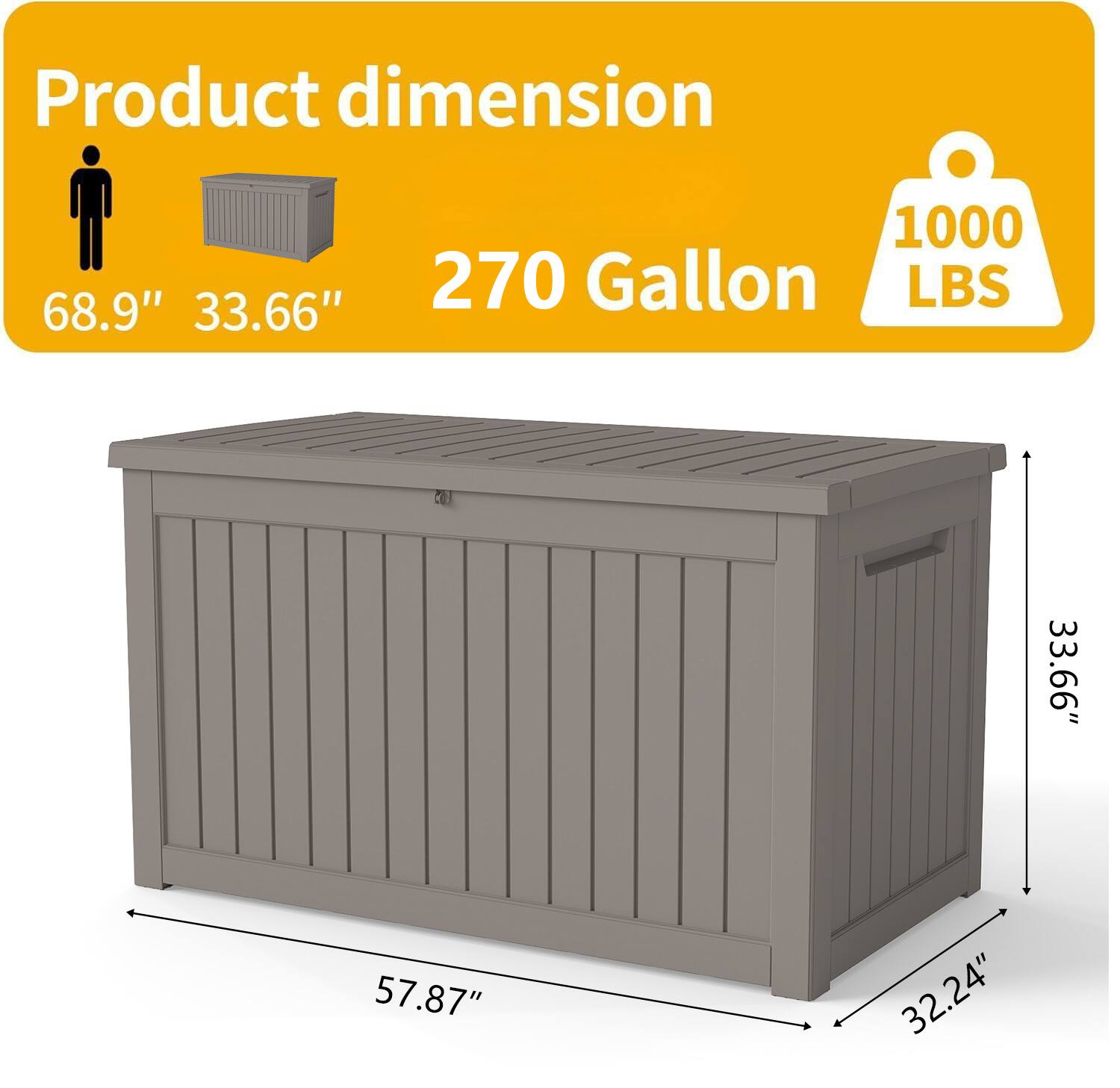 Product dimension  
270 Gallon  
1000 LBS  

68.9" x 33.66" x 57.87" x 32.24"  
Height: 33.66"
