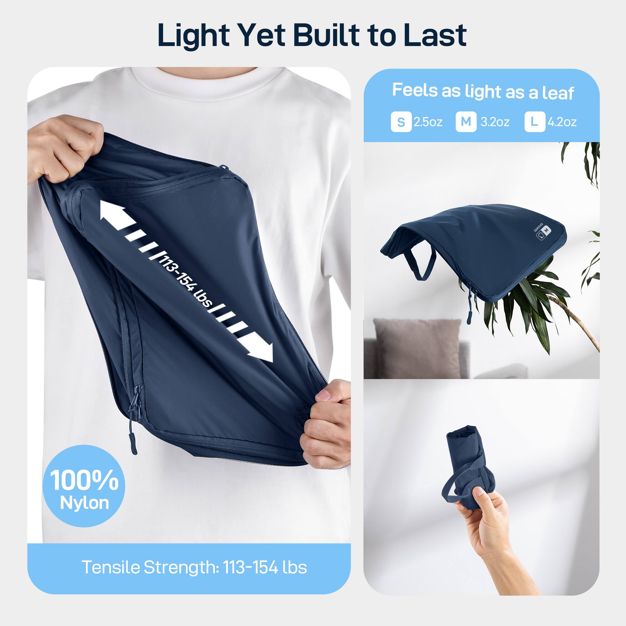 Light Yet Built to Last, Feels as light as a leaf, S 2.5oz, M 3.2oz, L 4.2oz, 113-154 lbs, 100% Nylon, Tensile Strength: 113-154 lbs