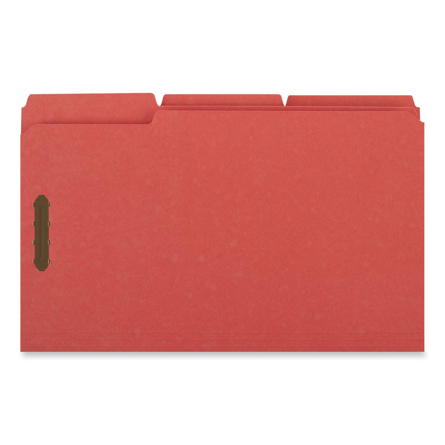 Left. Universal - Deluxe Reinforced Top Tab Fastener Folders, 0.75" Expansion, 2 Fasteners, Legal Size, Red Exterior, 50/Box.