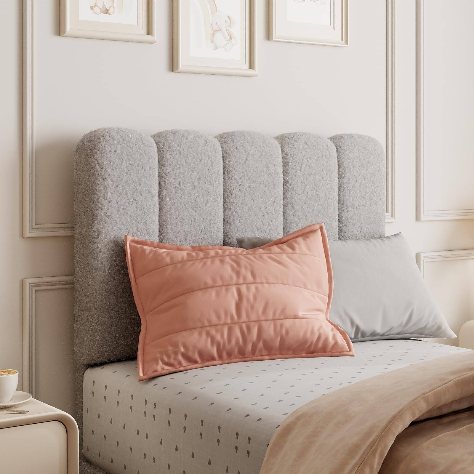 Left. Homhougo - Twin Bed Frame, Boucle Upholstered Platform Bed with Wave Headboard for Girls/Kids, Easy Assembly, Wooden Slats Support - Gray.