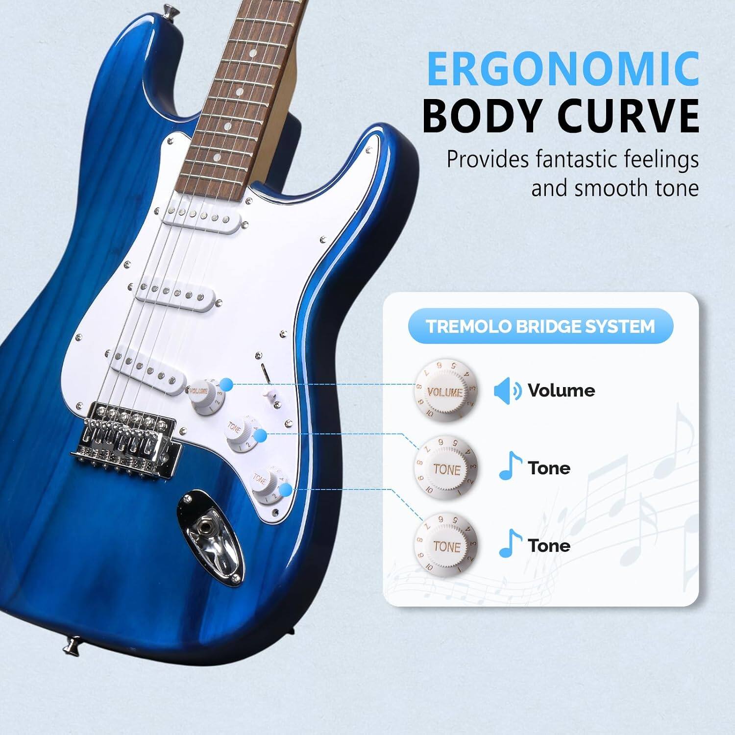 ERGONOMIC BODY CURVE  
Provides fantastic feelings and smooth tone

TREMOLO BRIDGE SYSTEM

VOLUME  
TONE  
TONE

9 S 1 & 8 4.4 VOLUME 3 10 9 Or Z & 8 3 TONE 0 2  
Volume Tone  
9 9 Z & 8 TONE 8 CI  
Tone