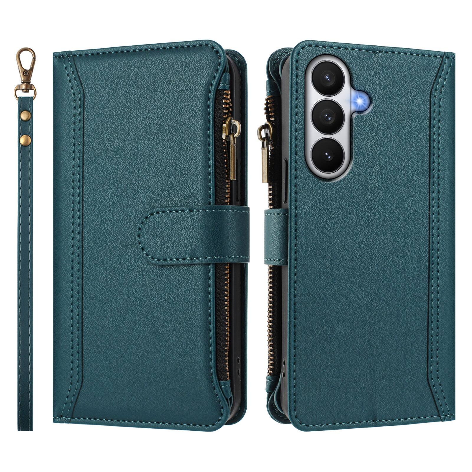 Angle. UUCOVER - Wallet Case for Samsung Galaxy S26 with Zipper Pocket, Cash Card Slots, Wrist and Shoulder Strap, Flip Kickstand Cover - Darkgreen.