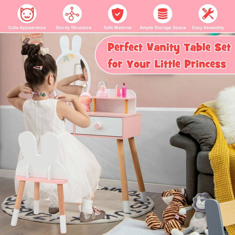 Cute Appearance  
Sturdy Structure  
Safe Material  
Ample Storage Space  
Easy Assembly  

Perfect Vanity Table Set for Your Little Princess