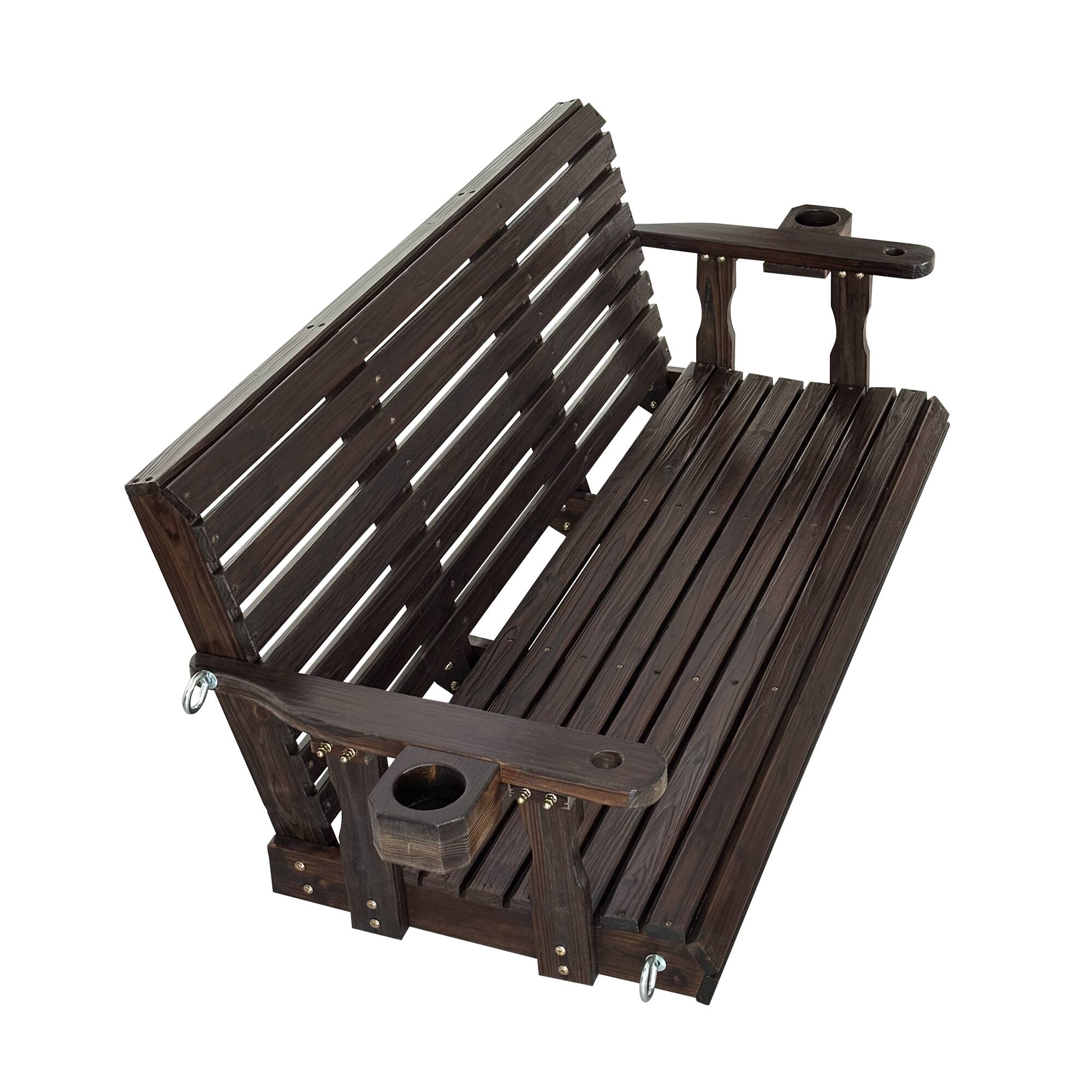 Alt View 5. Fortune Candy - Wooden 3-Seater Porch Swing w/Cupholders , High Back & Deep Seat, Chains & Springs, Heavy Duty 880lbs, 5FT - Deep Brown.