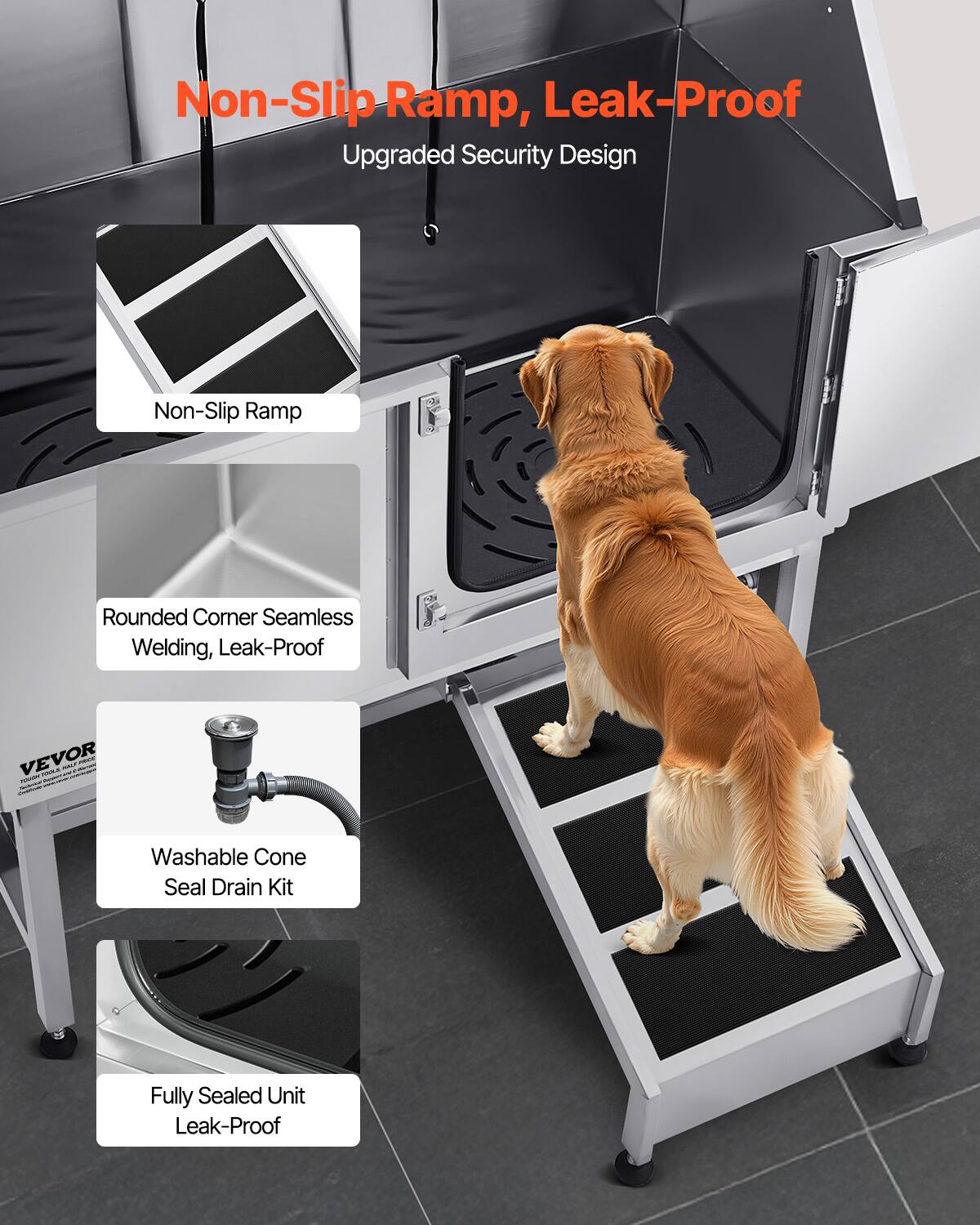 Non-Slip Ramp, Leak-Proof  
Upgraded Security Design  

- Non-Slip Ramp  
- Rounded Corner Seamless Welding, Leak-Proof  
- Washable Cone Seal Drain Kit  
- Fully Sealed Unit Leak-Proof