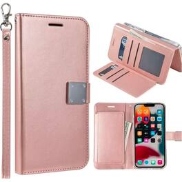 Entronix - Foldable Leather Wallet Case for iPhone 12/12 Pro with Card Holder and Lanyard - Rose Gold
