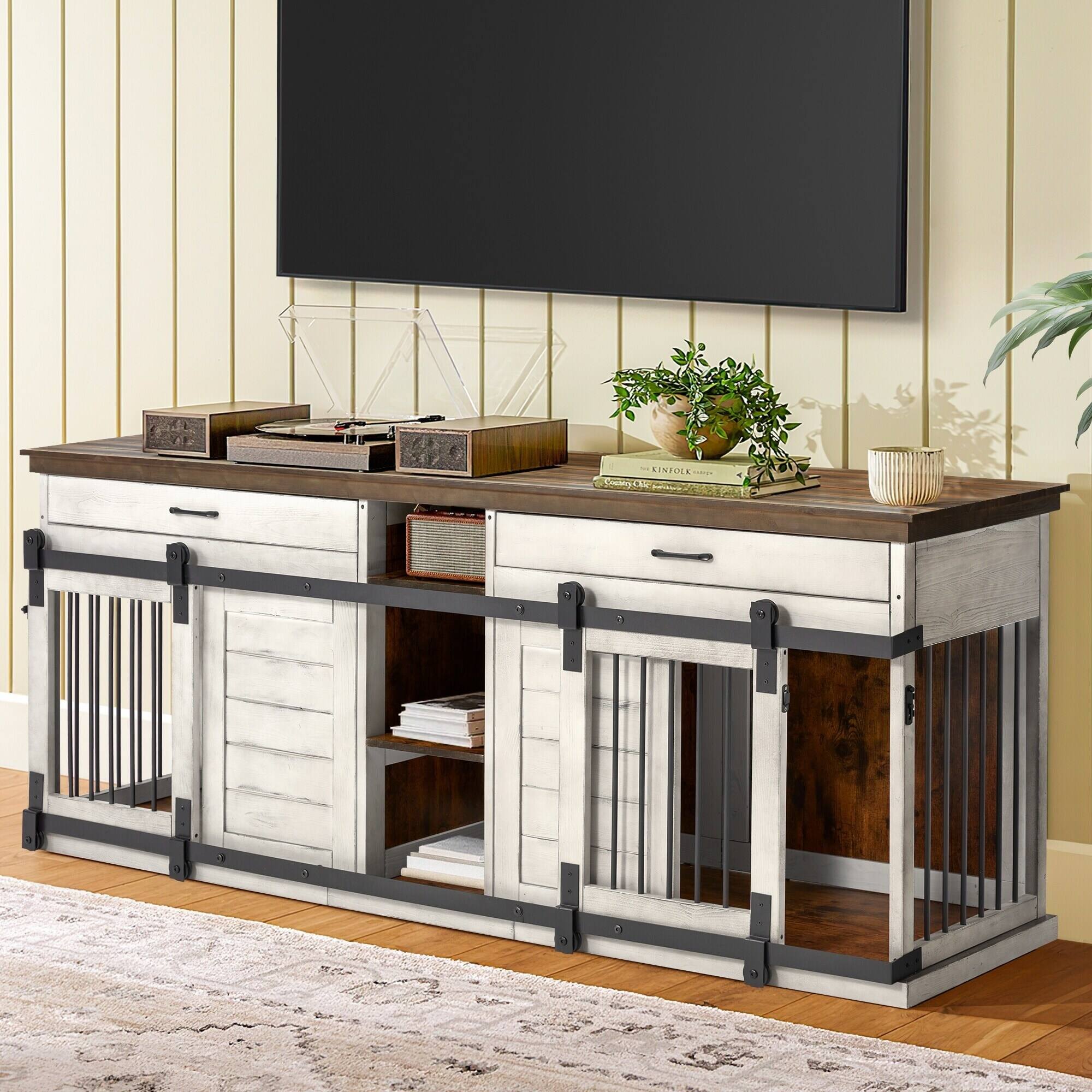 Angle. U-HOMY - Luxury Wood Dog Crate Table with Divider & Storage – Stylish Furniture for Large Dogs.