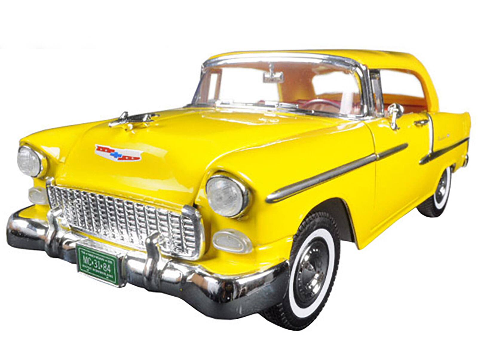 Alt View 1. Motormax - 1955 Chevrolet Bel Air Convertible Soft Top Yellow "Timeless Classics" 1/18 Diecast Model Car by Motormax.