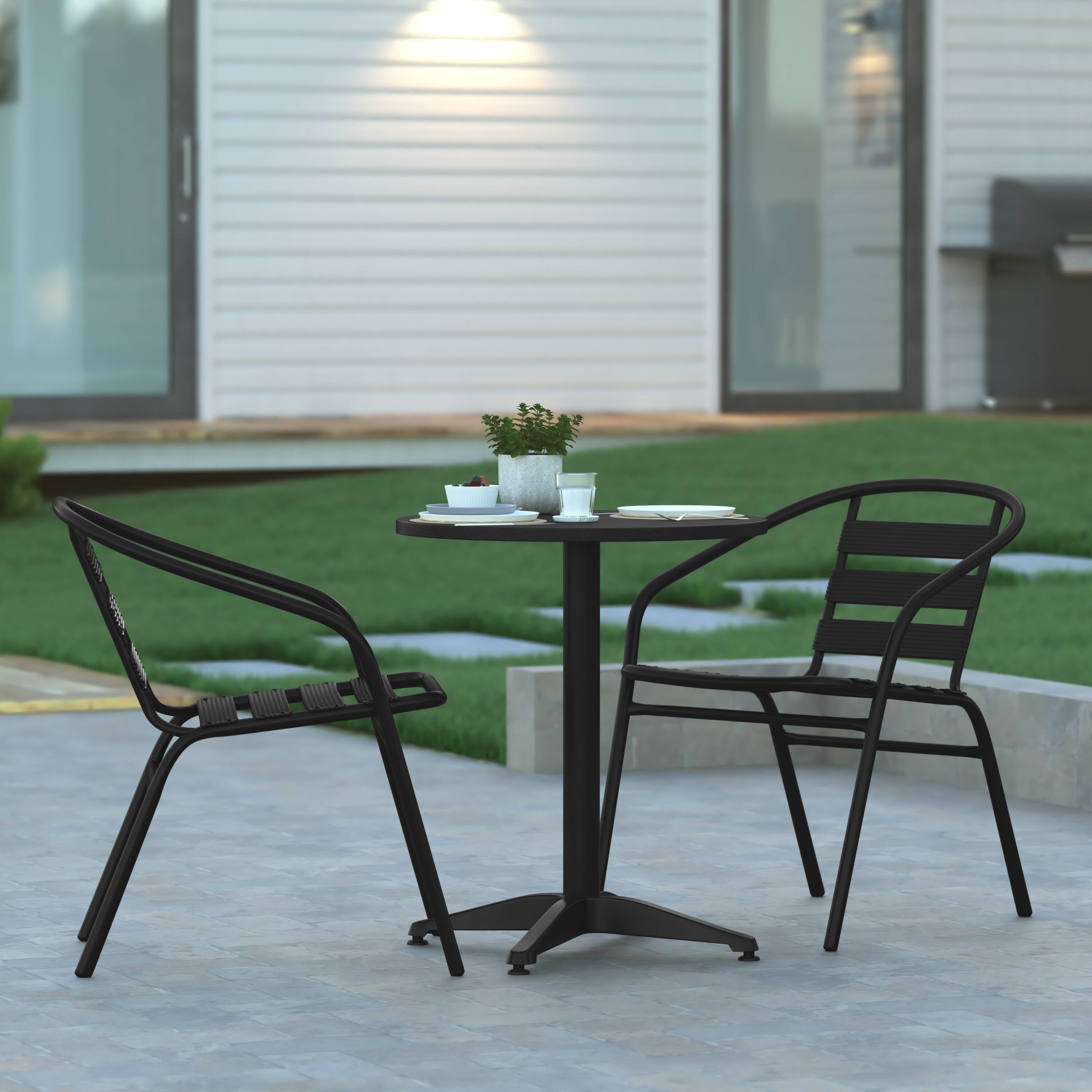 Alt View 1. Emma + Oliver - 23.5'' Round Aluminum Indoor-Outdoor Table Set with 2 Slat Back Chairs - Black.