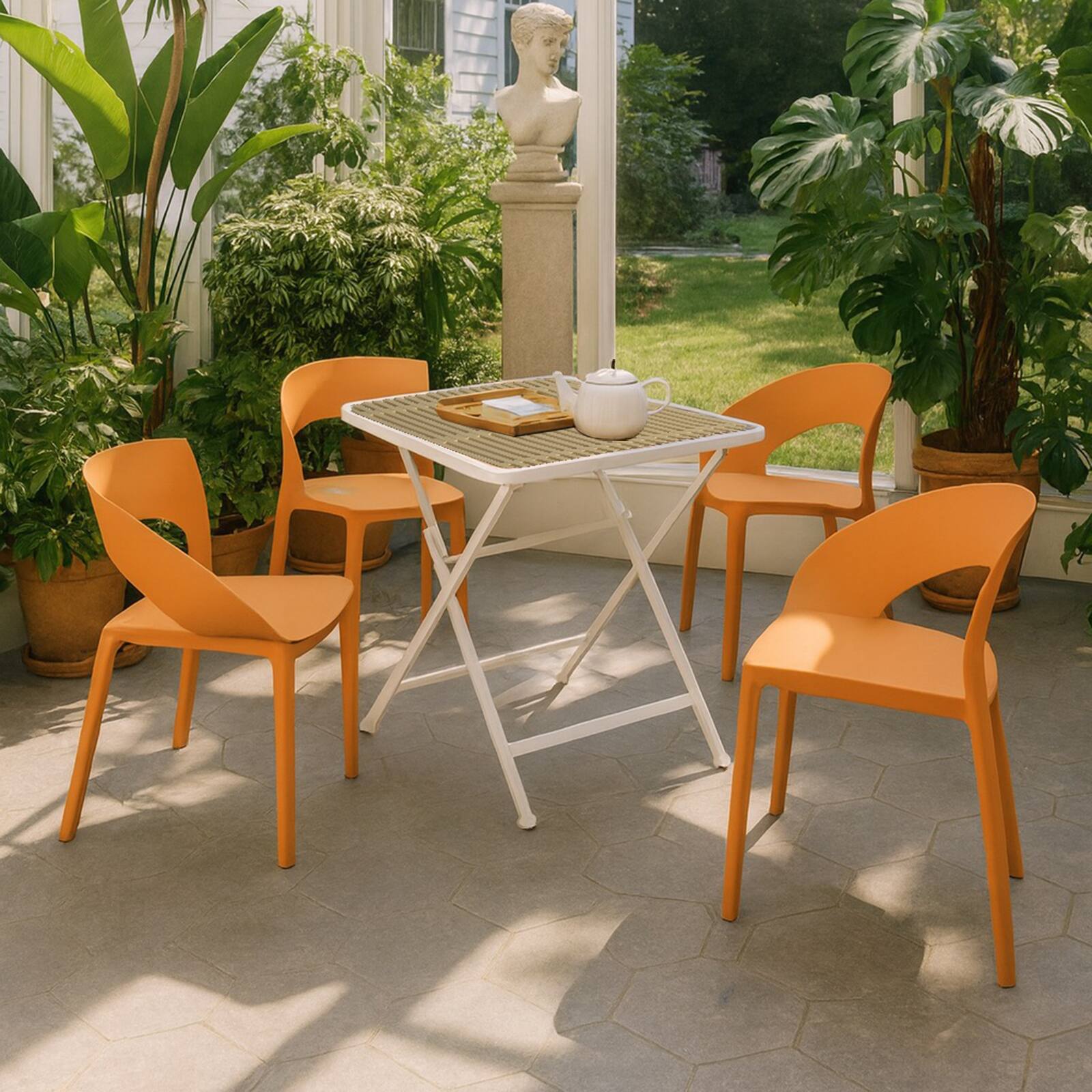 Left. Mondawe - 5-Piece Outdoor Dining Set – Square Table with 4 PP Chairs, Lightweight PP Tabletop with Metal Legs - Orange+White.