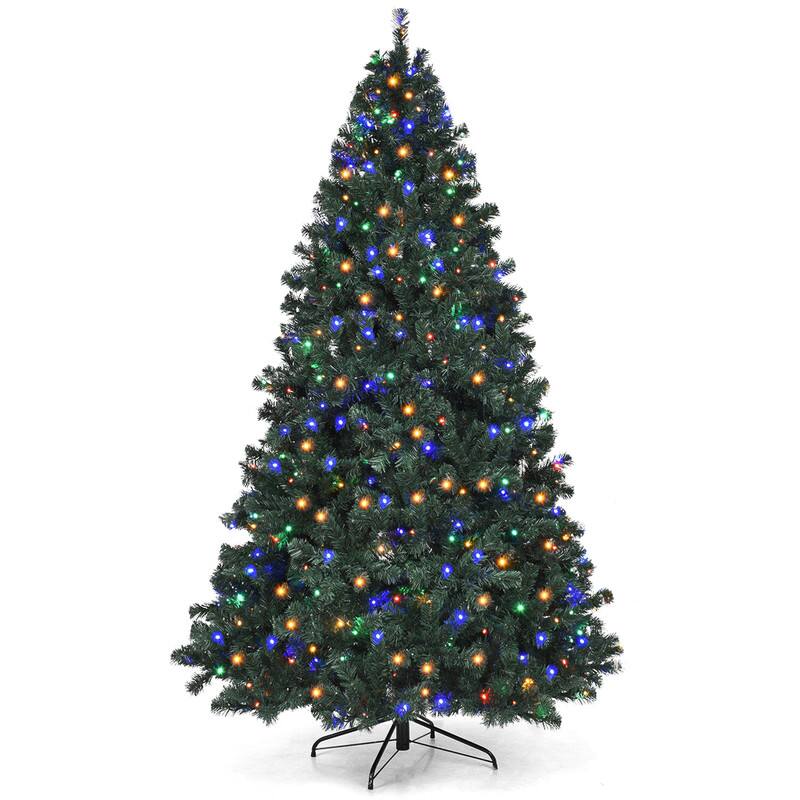 Angle. WELLFOR - 7.5 FT Pre‑Lit Artificial Spruce Christmas Tree with 550 Multicolor LED Lights, 1075 Hinged Branch Tips, Metal Stand - Green.