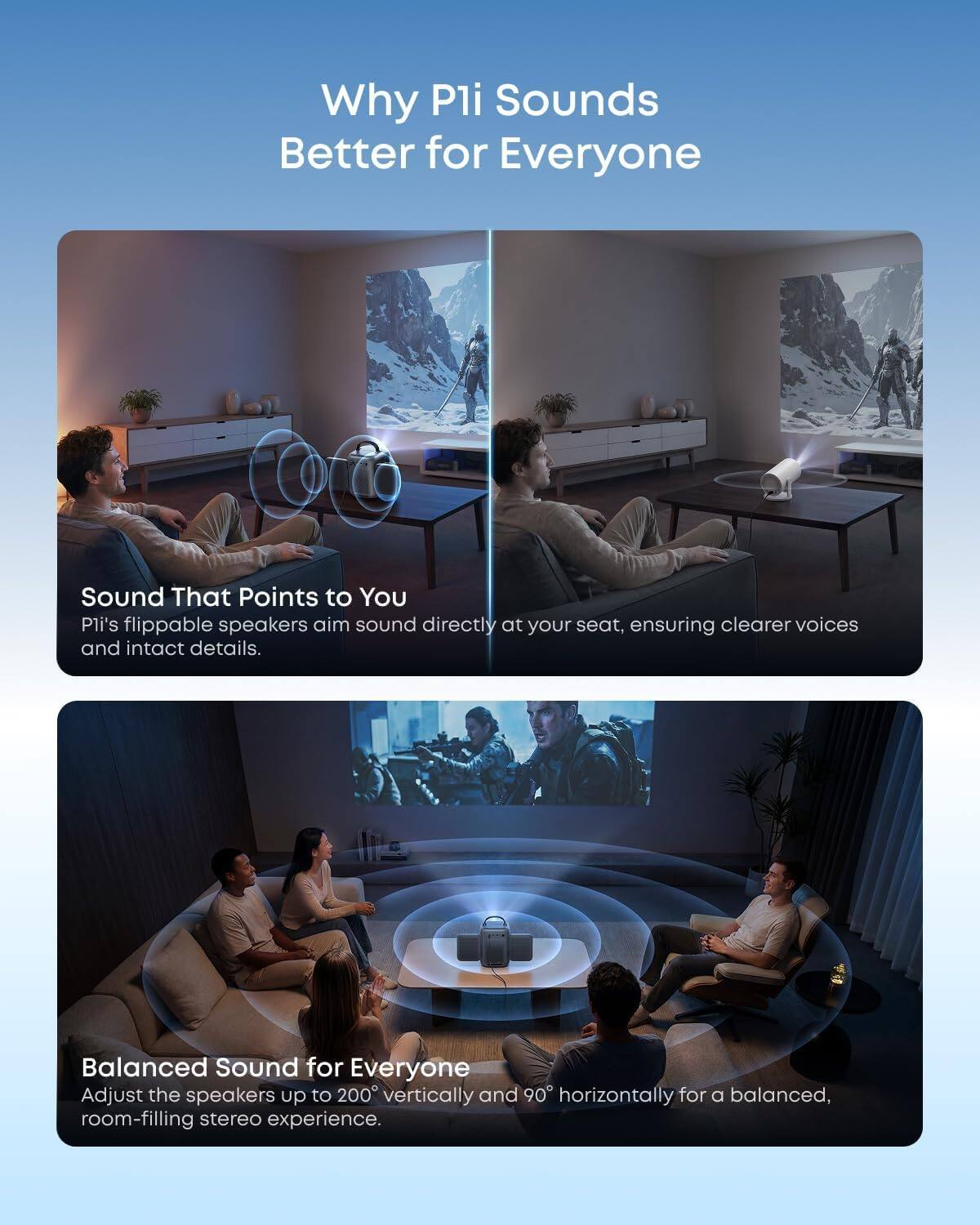 Why Pli Sounds Better for Everyone

Sound That Points to You
Pli's flippable speakers aim sound directly at your seat, ensuring clearer voices and intact details.

Balanced Sound for Everyone
Adjust the speakers up to 200° vertically and 90° horizontally for a balanced, room-filling stereo experience.