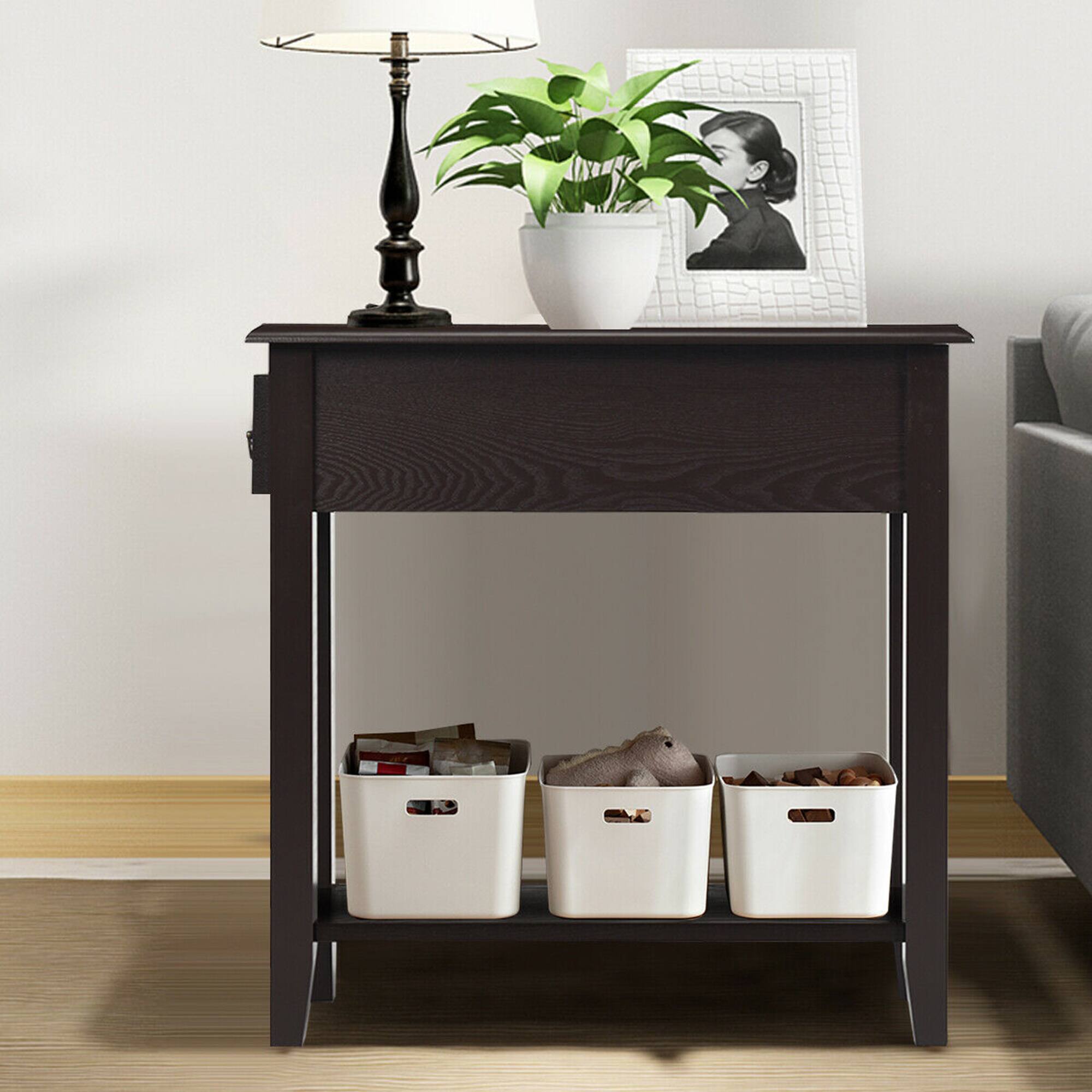 Alt View 3. Costway - Costway 2 Tier End Bedside Sofa Side Table Narrow Nightstand w/Drawer &Shelf - Espresso.