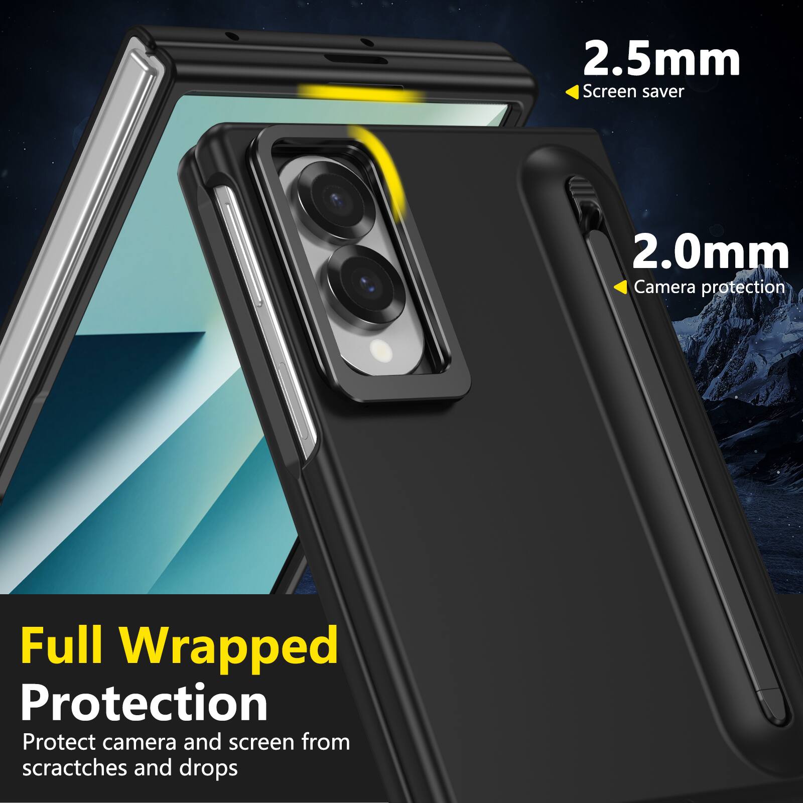 2.5mm Screen saver  
2.0mm Camera protection  
Full Wrapped Protection  
Protect camera and screen from scratches and drops