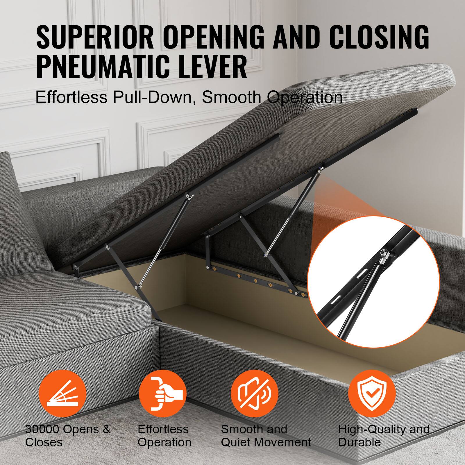 SUPERIOR OPENING AND CLOSING PNEUMATIC LEVER  
Effortless Pull-Down, Smooth Operation  

- 30000 Opens & Closes  
- Effortless Operation  
- Smooth and Quiet Movement  
- High-Quality and Durable