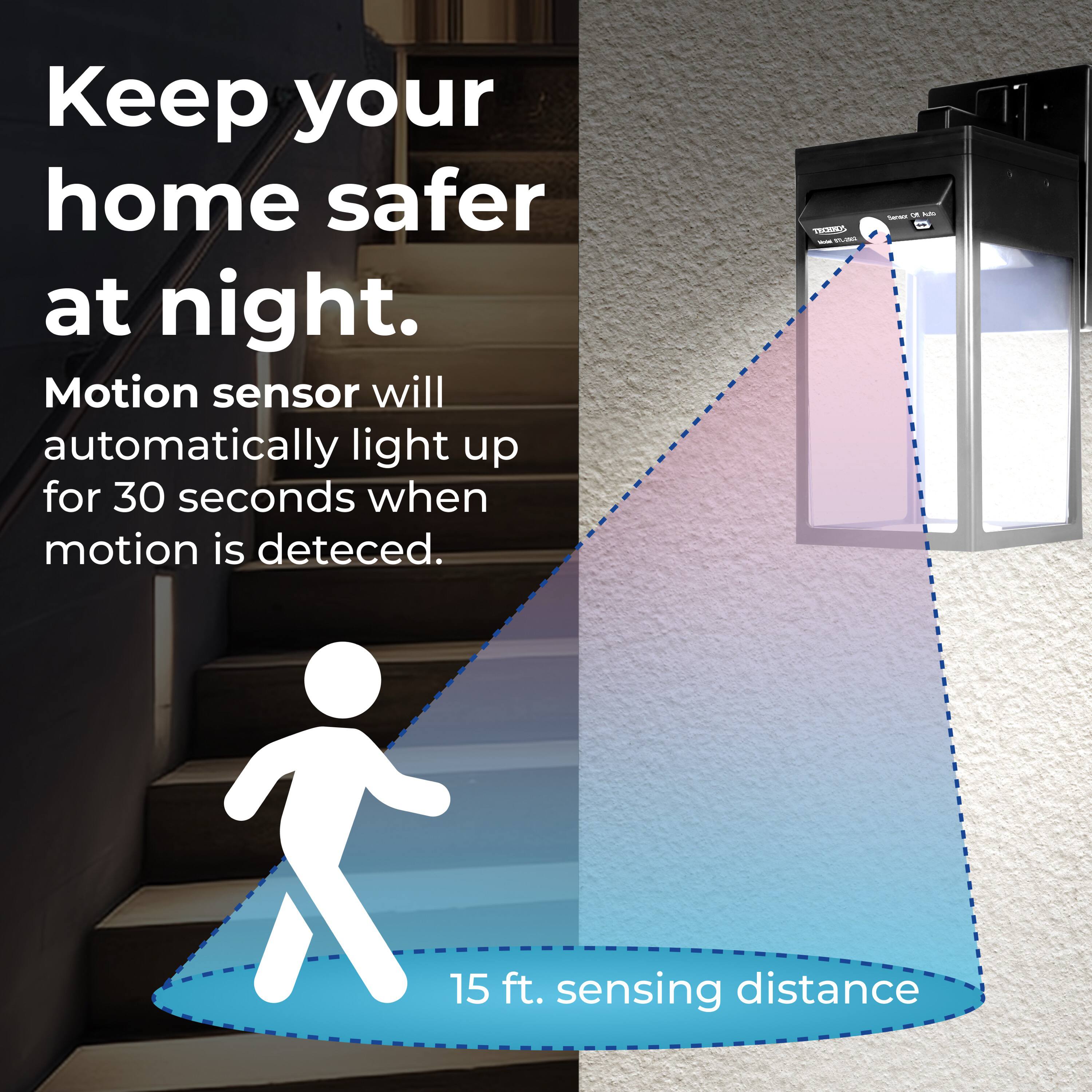 Keep your home safer at night. Motion sensor will automatically light up for 30 seconds when motion is detected. TRHRS - - - - - a 15 ft. sensing distance.