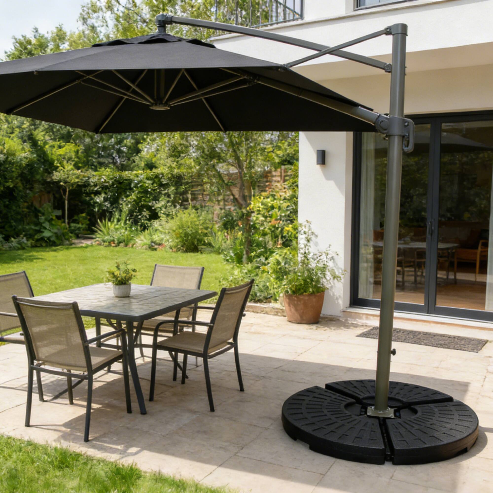 Angle. Mondawe - Patio Umbrella Base with 4-Panel Refillable Water or Sand Design (220 lbs), Weatherproof HDPE and Metal Lock Hooks - Black.
