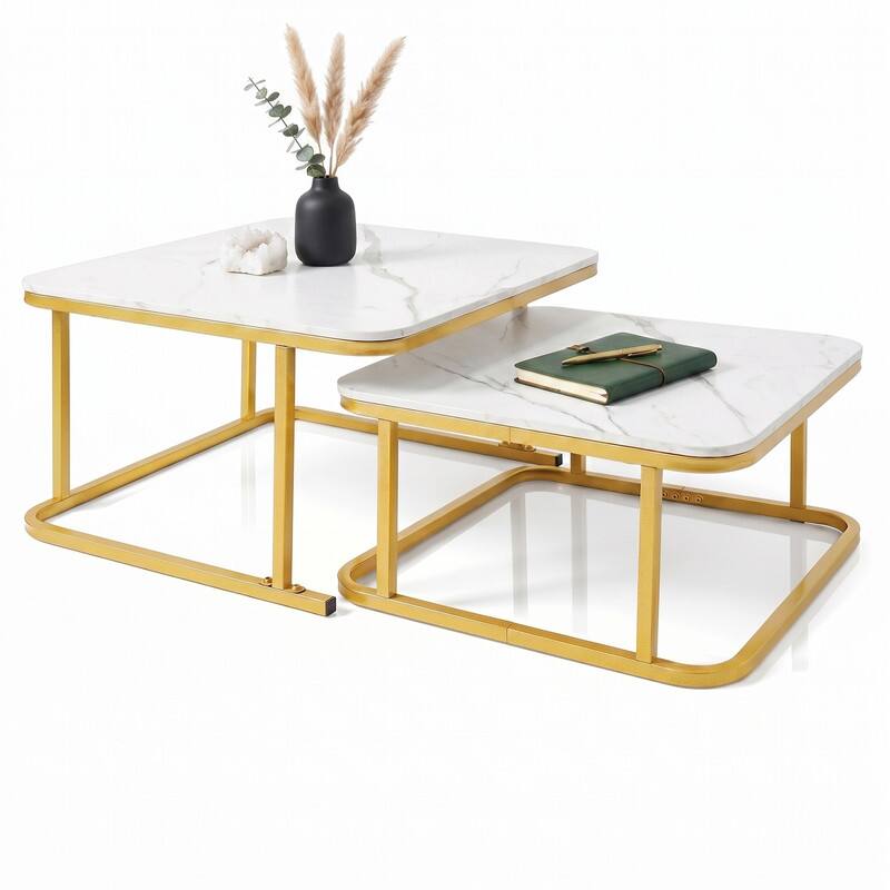 Left. WELLFOR - Square Nesting Coffee Table Set of 2 with Faux Marble Top and Metal Frame, Coffee Table Set, Suitable for Living Rooms - White.