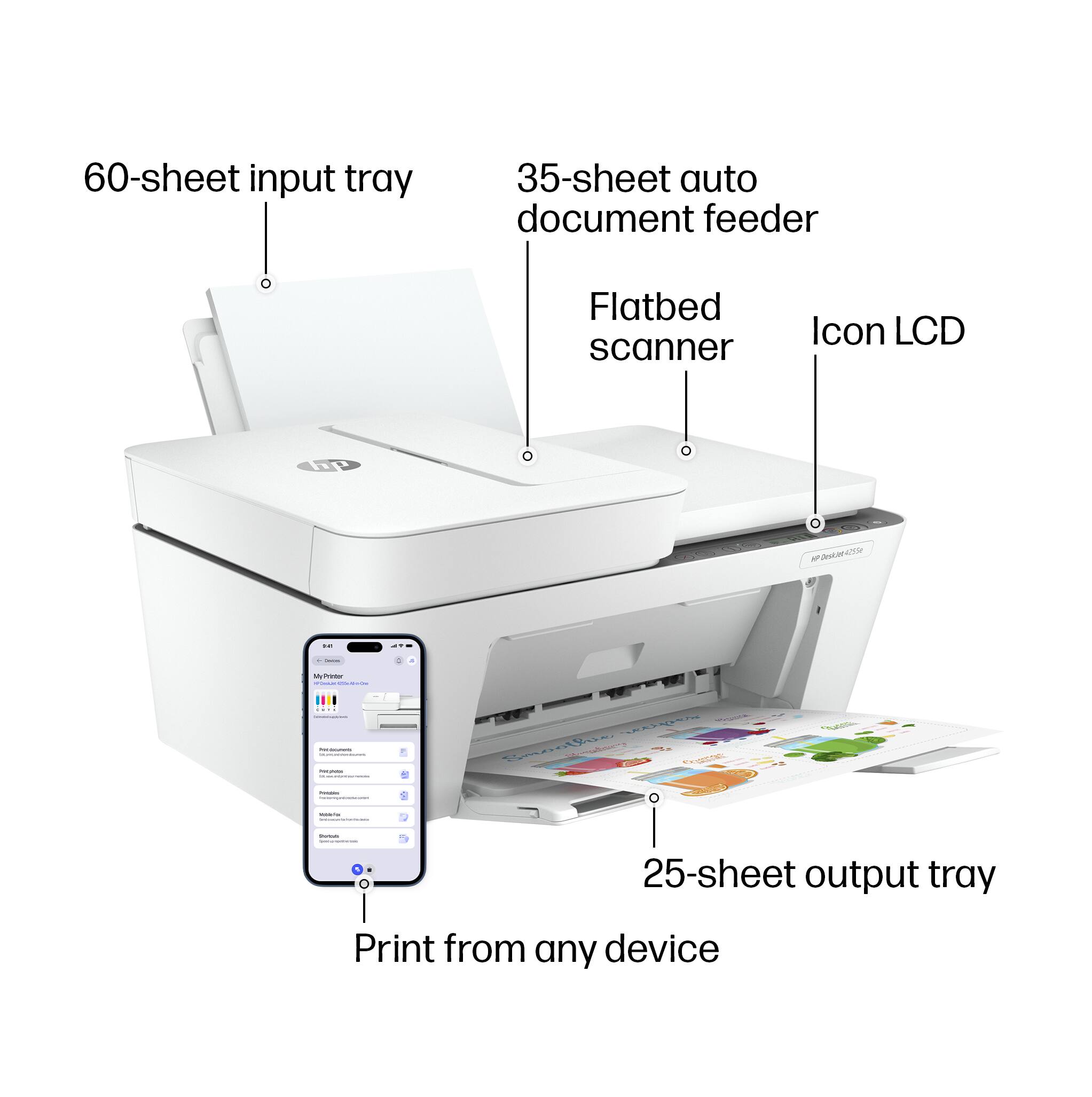 60-sheet input tray  
35-sheet auto document feeder  
Flatbed scanner  
Icon LCD  
25-sheet output tray  
Print from any device