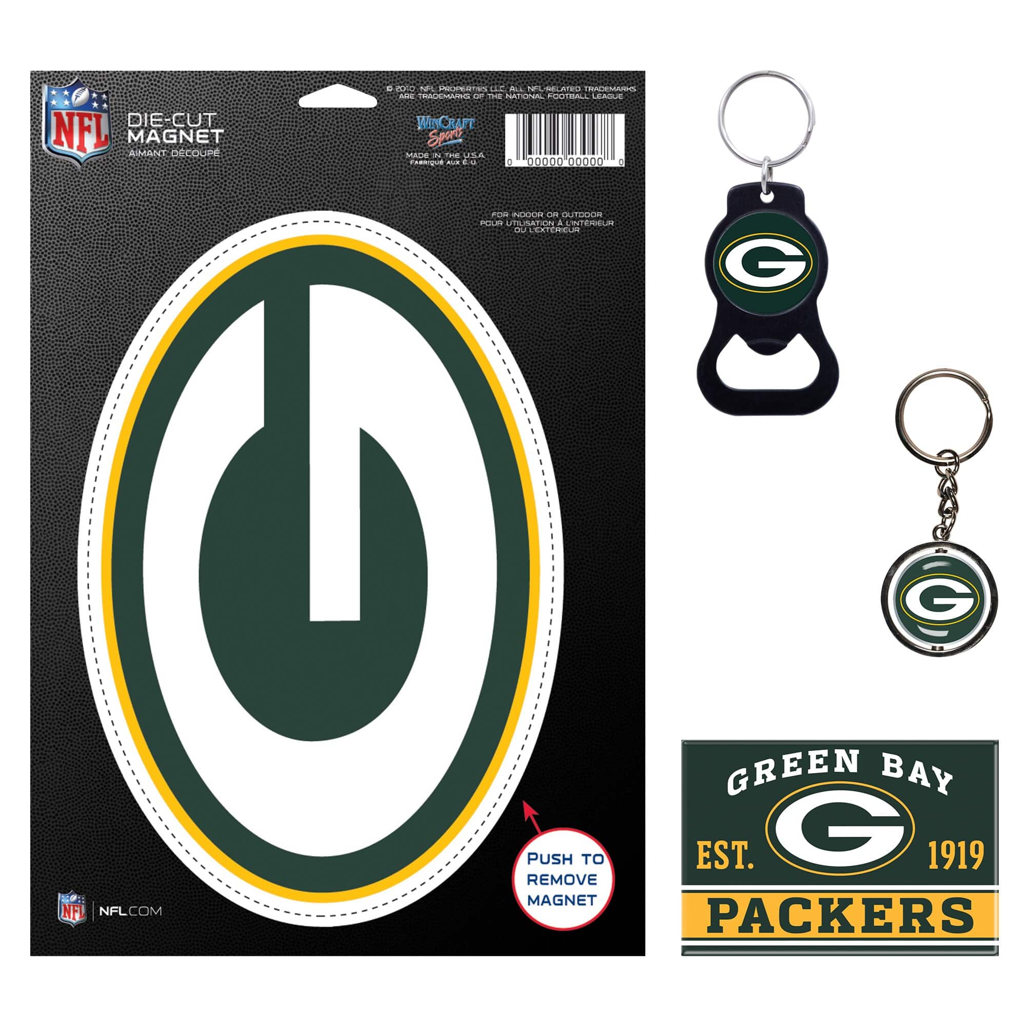 DIE-CUT MAGNET  
AIMANT DÉCOUPÉ  

WINCRAFT  
SPORTS  
MADE IN THE USA  

PUSH TO REMOVE MAGNET  

GREEN BAY  
EST. 1919  
PACKERS  

NFL.COM