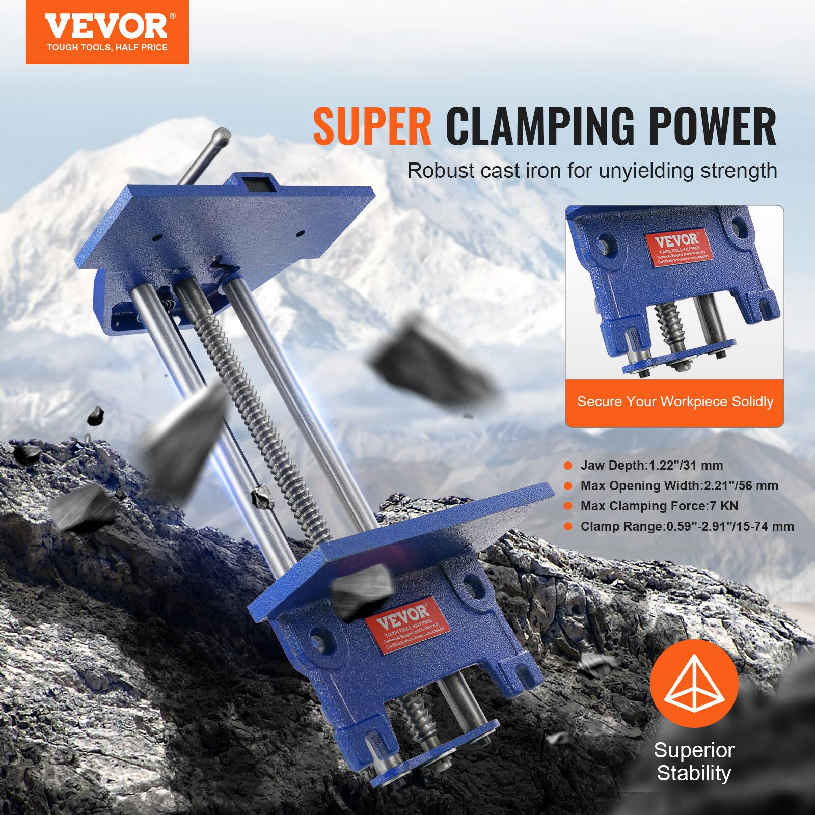 VEVOR  
TOUGH TOOLS, HALF PRICE  

SUPER CLAMPING POWER  
Robust cast iron for unyielding strength  

Secure Your Workpiece Solidly  

- Jaw Depth: 1.22"/31 mm  
- Max Opening Width: 2.21"/56 mm  
- Max Clamping Force: 7 KN  
- Clamp Range: 0.59"-2.91"/15-74 mm  

Superior Stability