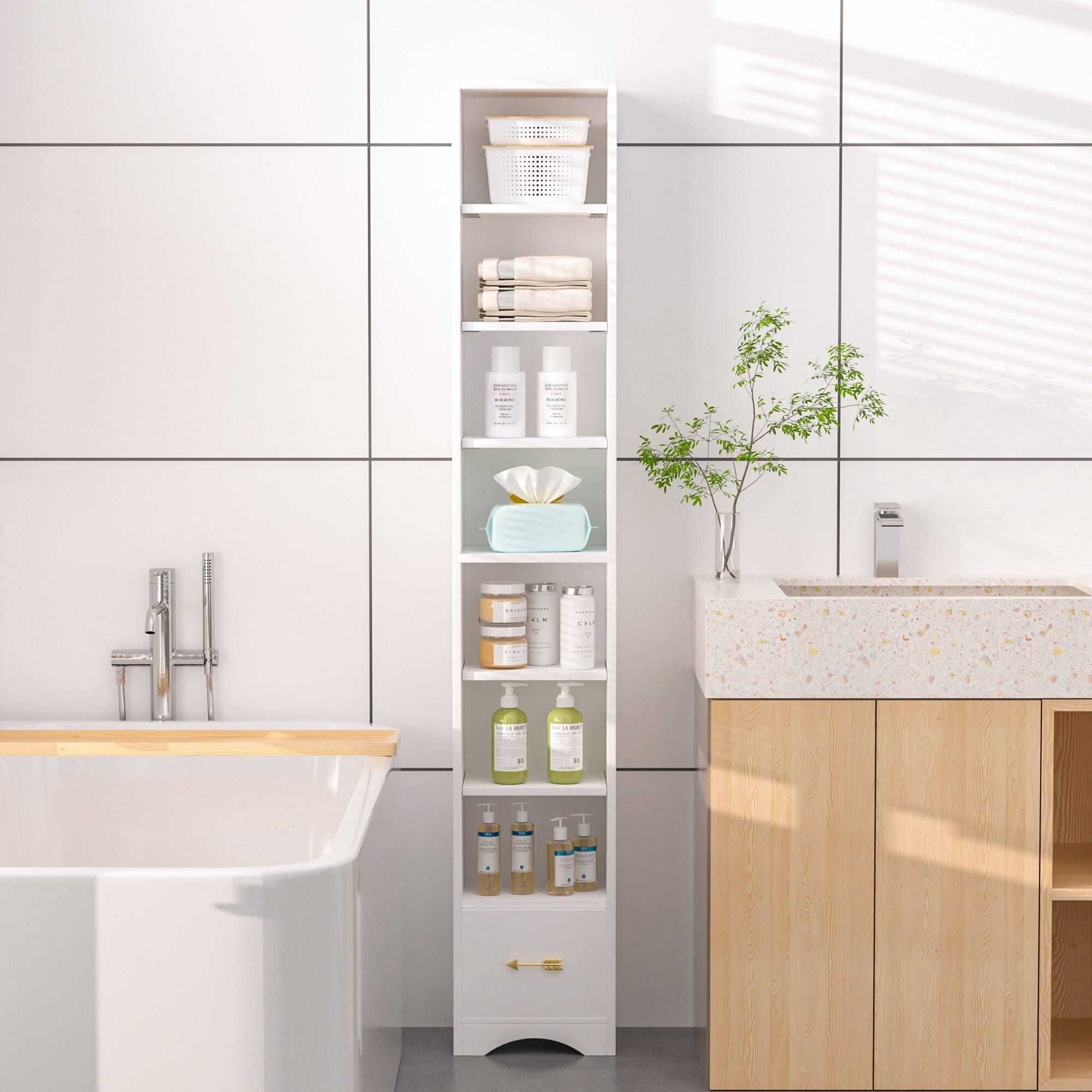 Alt View 6. Vecelo - Adjustable 8-Tier Bookshelf with Drawer - Modern White Storage Shelf for Living Room, Bedroom & Office - White.