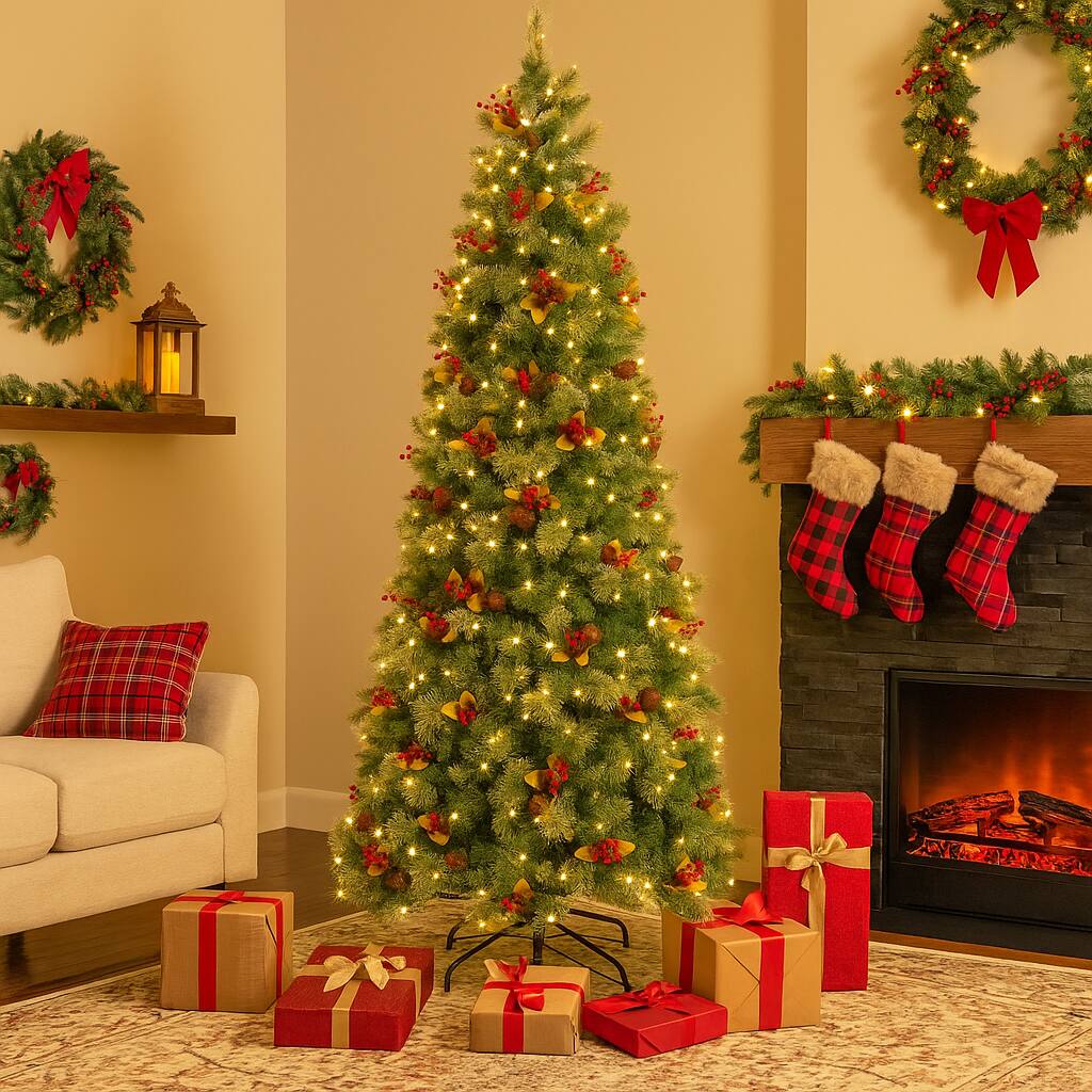 Angle. BreeBe - Artificial Prelit Xmas Tree with Pine & PVC Tips – 5FT 7.5FT 9FT Sizes - Green.