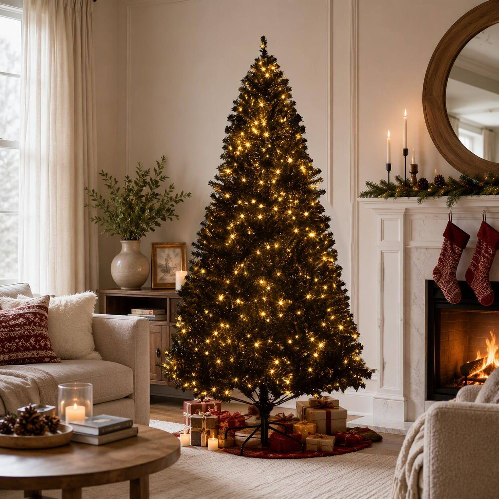 Angle. RYHNUYNE - 7.5 FT Tall Pre-Lit Artificial Christmas Tree, Realistic Branches Hinged Design Easy Assembly Warm Holiday Home Decor - Black.