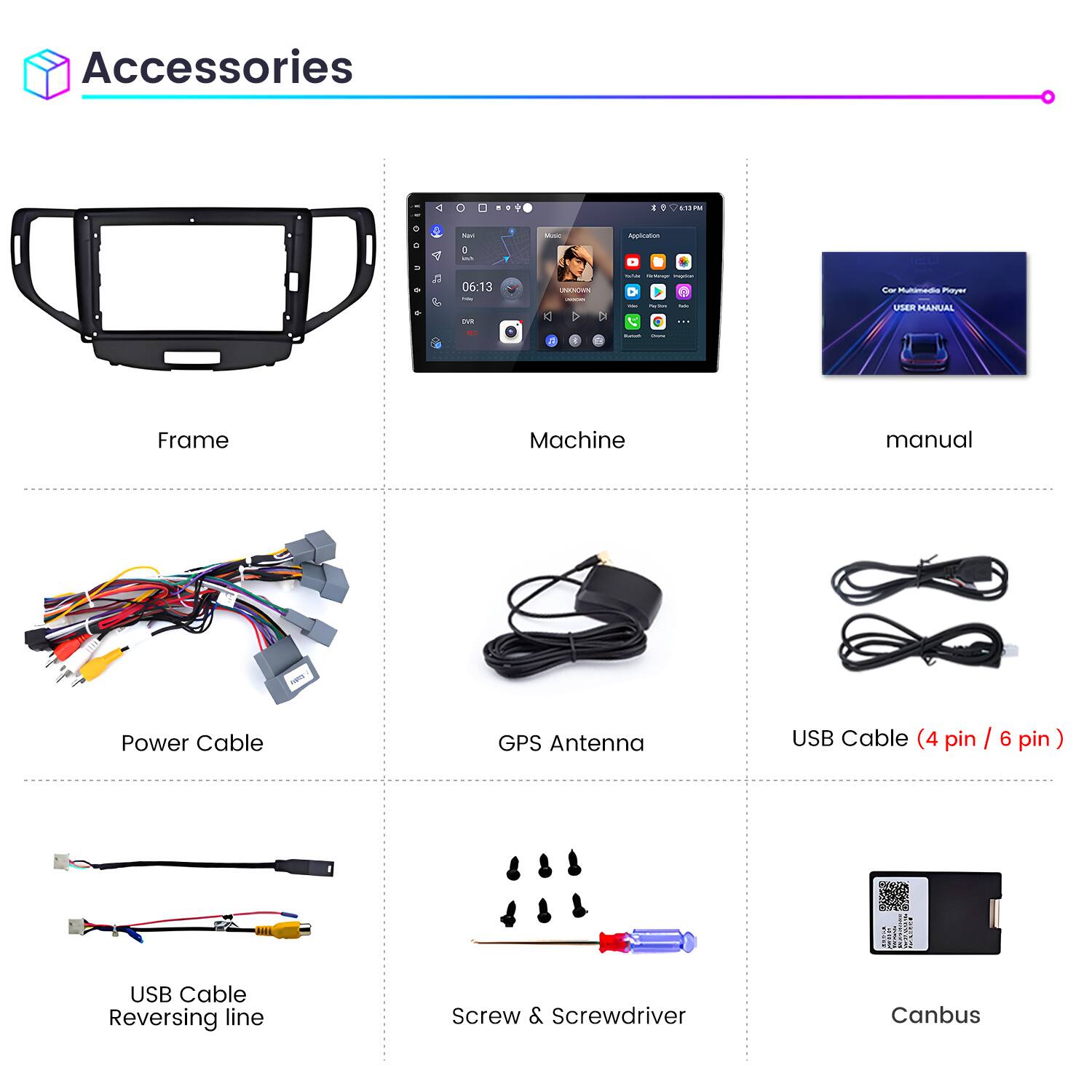 Accessories

- Frame
- Machine
- Manual
- Power Cable
- GPS Antenna
- USB Cable (4 pin / 6 pin)
- USB Cable Reversing line
- Screw & Screwdriver
- Canbus