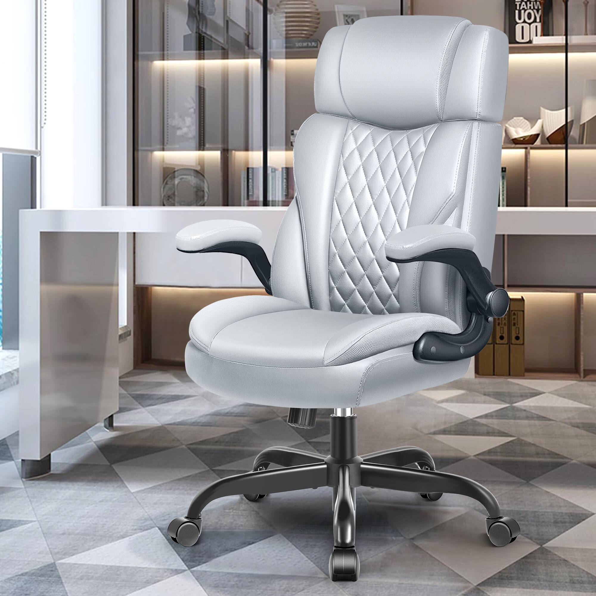Left. Brick Attic - Ergonomic Leather Executive Office Chair, Swivel Computer Rocking Desk Chair with Flip-Up Armrests Adjustable Headrest - Grey.