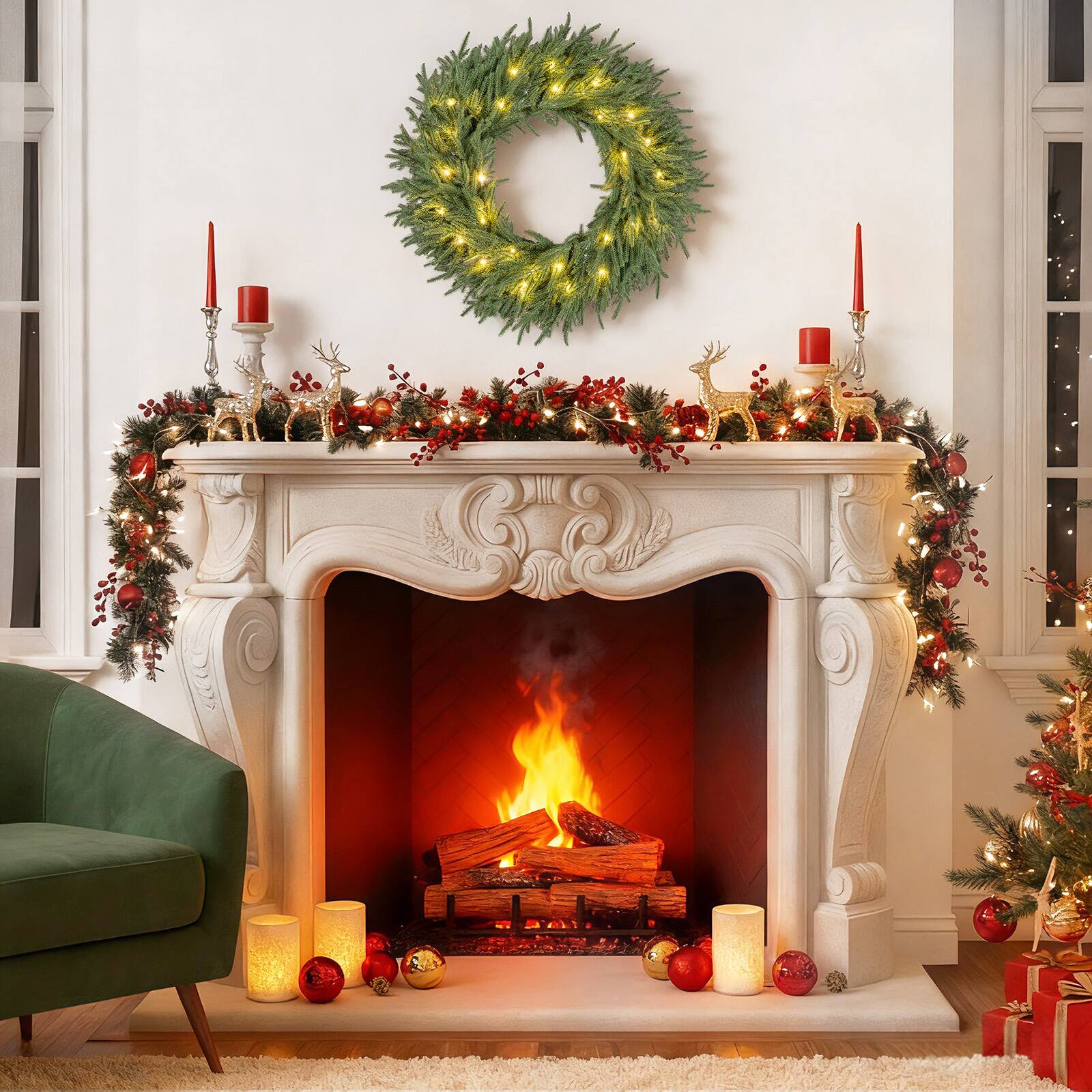Alt View 1. Gymax - Gymax 24'' Outdoor Artificial Pre-Lit Christmas Wreath w/108 Branch Tips & 35 White LED Lights Green - Green.