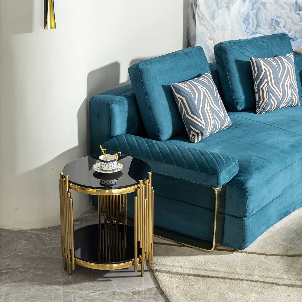 Left. Loheer - Loheer Round End Table Black Glass Side Table Gold Metal Frame - Black.