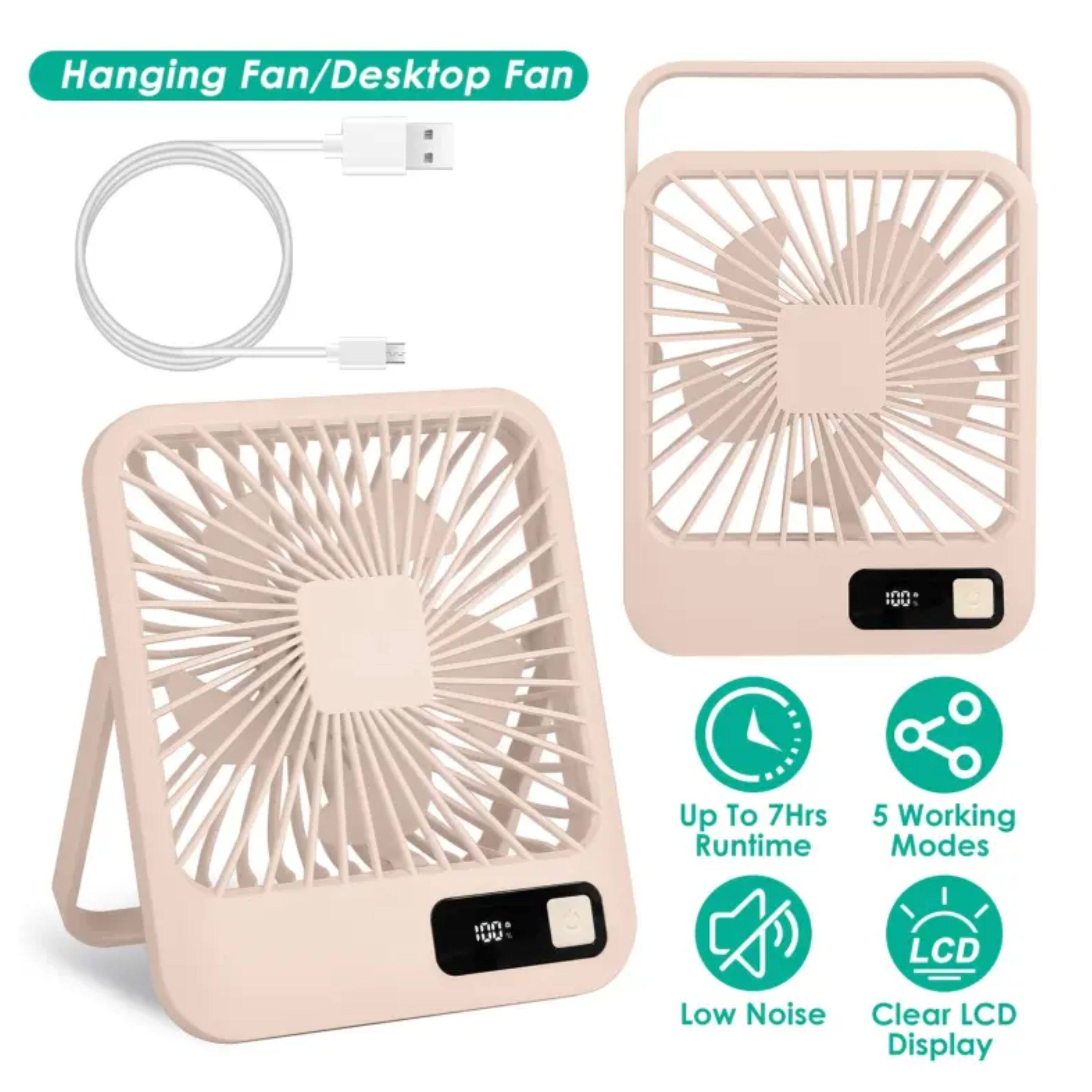 Hanging Fan/Desktop Fan

- Up To 7Hrs Runtime
- 5 Working Modes
- Low Noise
- Clear LCD Display