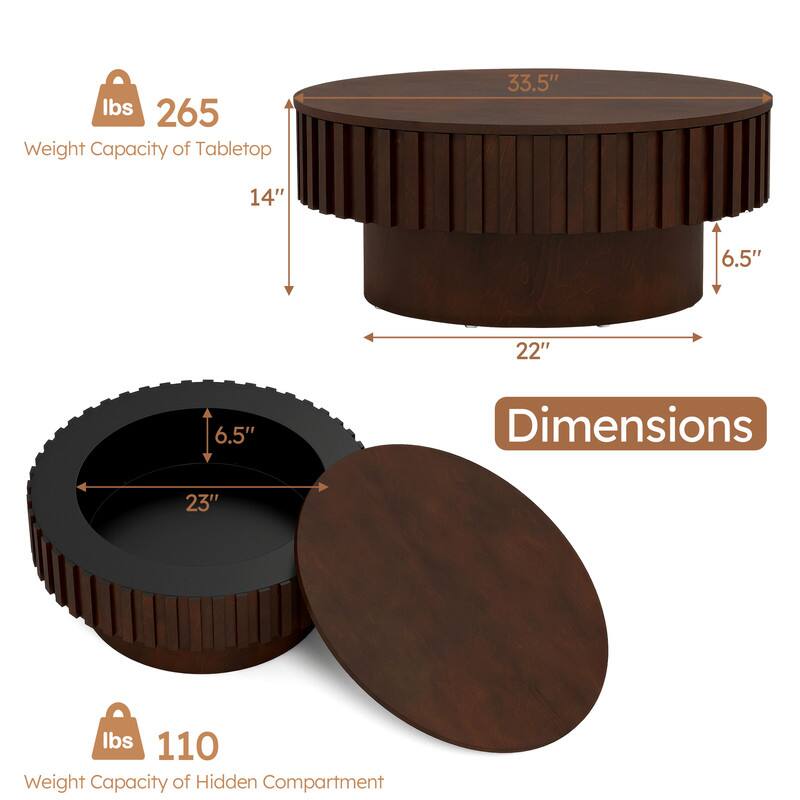 - lbs 265 Weight Capacity of Tabletop
- 33.5"
- 14"
- 6.5"
- 22"
- 6.5"
- Dimensions
- 23"
- lbs 110 Weight Capacity of Hidden Compartment