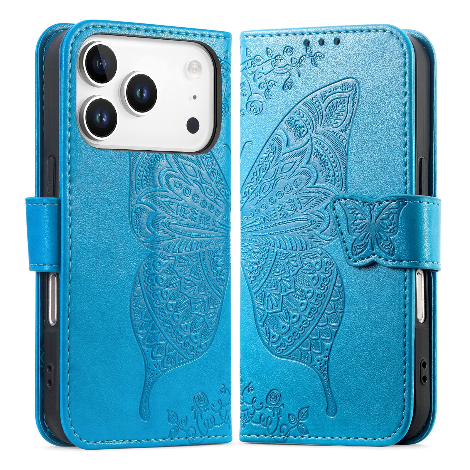 Angle. Dteck - Wallet Case for Apple iPhone 18 Pro Max, Embossed Butterfly Pattern Leather Card Slots Flip Stand Cover+Strap - Blue.