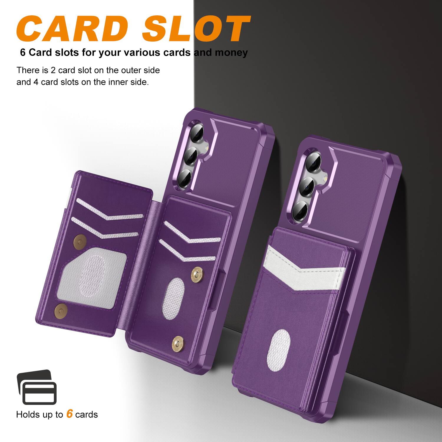 CARD SLOT  
6 Card slots for your various cards and money  
There is 2 card slot on the outer side and 4 card slots on the inner side.  
Holds up to 6 cards