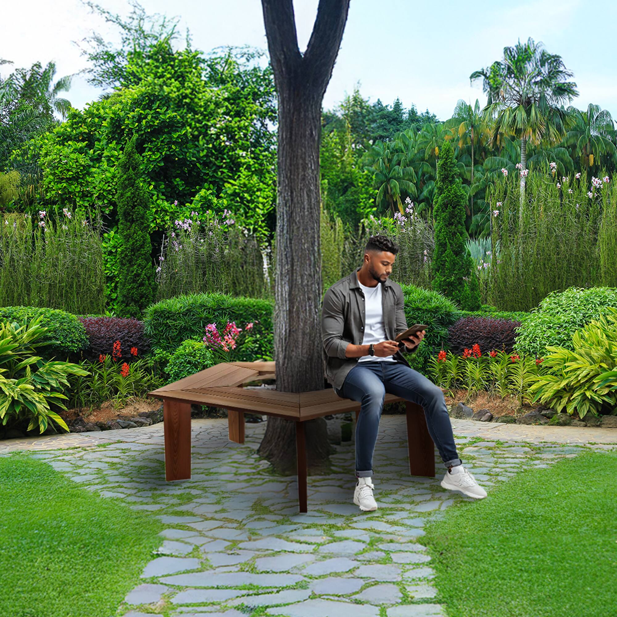 Alt View 4. All Things Cedar - All Things Cedar 52” Wood Tree Bench 5 Side Wrap Around Outdoor Seating, Natural - Natural.