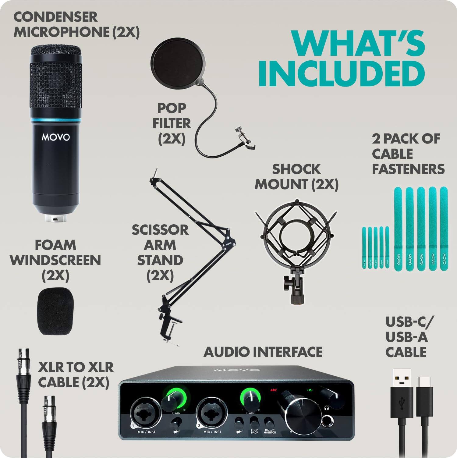 CONDENSER MICROPHONE (2X)  
POP FILTER (2X)  
SHOCK MOUNT (2X)  
SCISSOR ARM STAND (2X)  
FOAM WINDSCREEN (2X)  
XLR TO XLR CABLE (2X)  
AUDIO INTERFACE  
USB-C/USB-A CABLE  
2 PACK OF CABLE FASTENERS