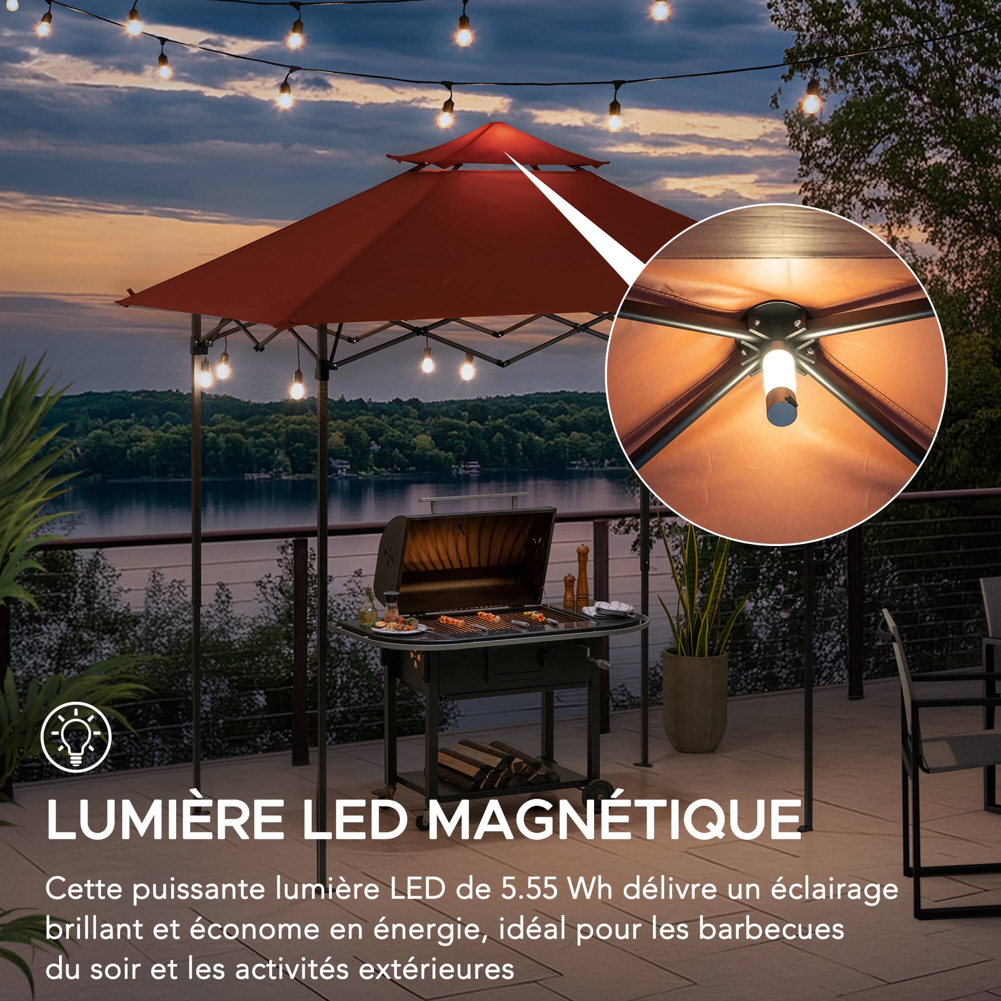 LUMIÈRE LED MAGNÉTIQUE  
Cette puissante lumière LED de 5.55 Wh délivre un éclairage brillant et économe en énergie, idéal pour les barbecues du soir et les activités extérieures