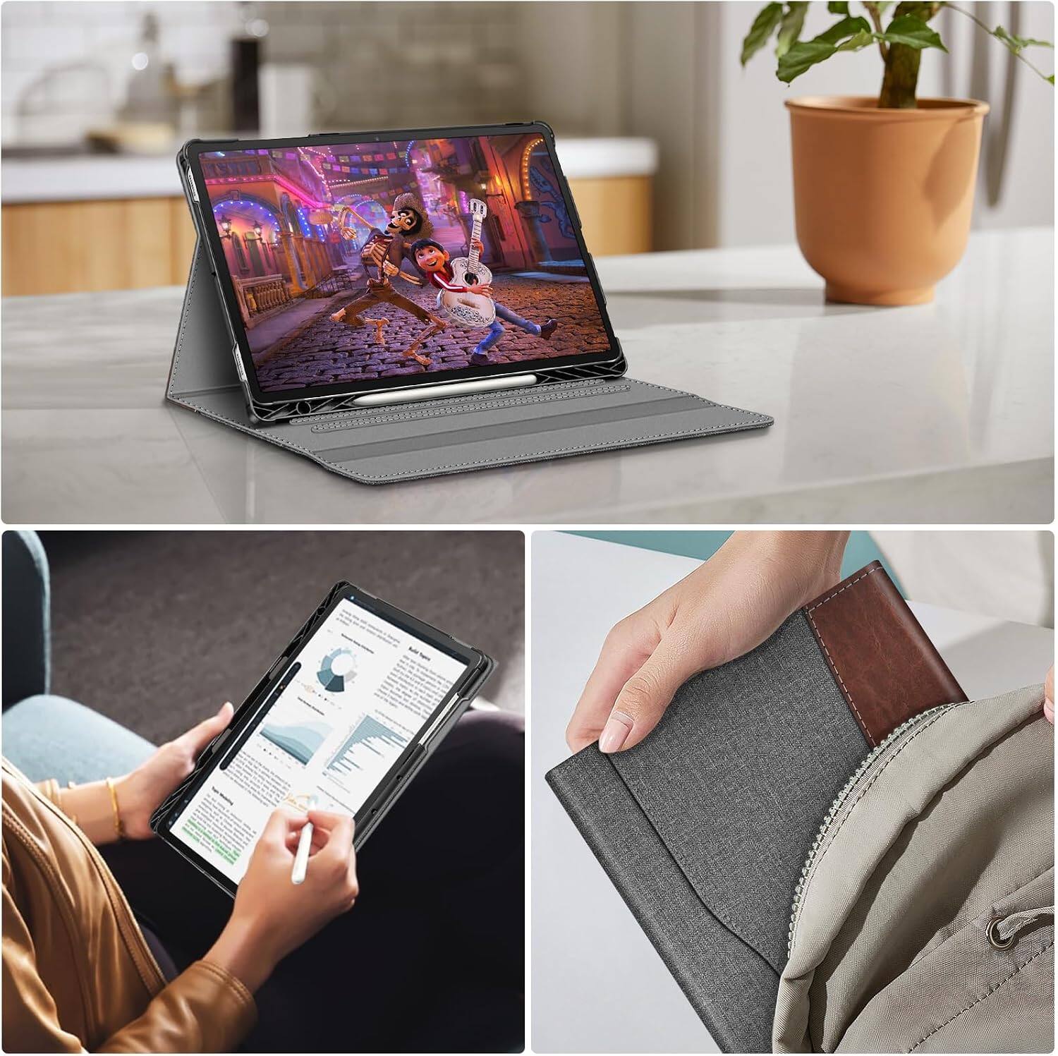 Alt View 4. Fintie - Case for Samsung Galaxy Tab S10+ / Tab S9 FE+ / Tab S9+ 12.4 Inch, Multiple Angle Portfolio Business Cover With Pocket - Gray/Brown.