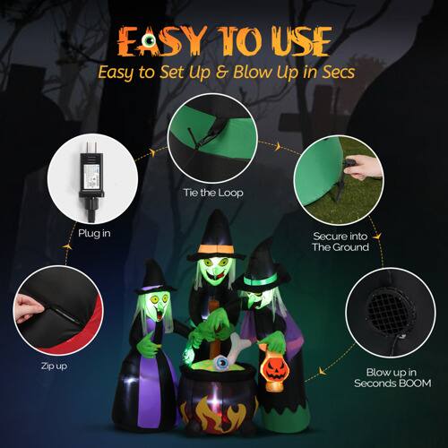 EASY TO USE  
Easy to Set Up & Blow Up in Secs  
Tie the Loop  
Plug in  
Secure into The Ground  
Zip up  
Blow up in Seconds BOOM