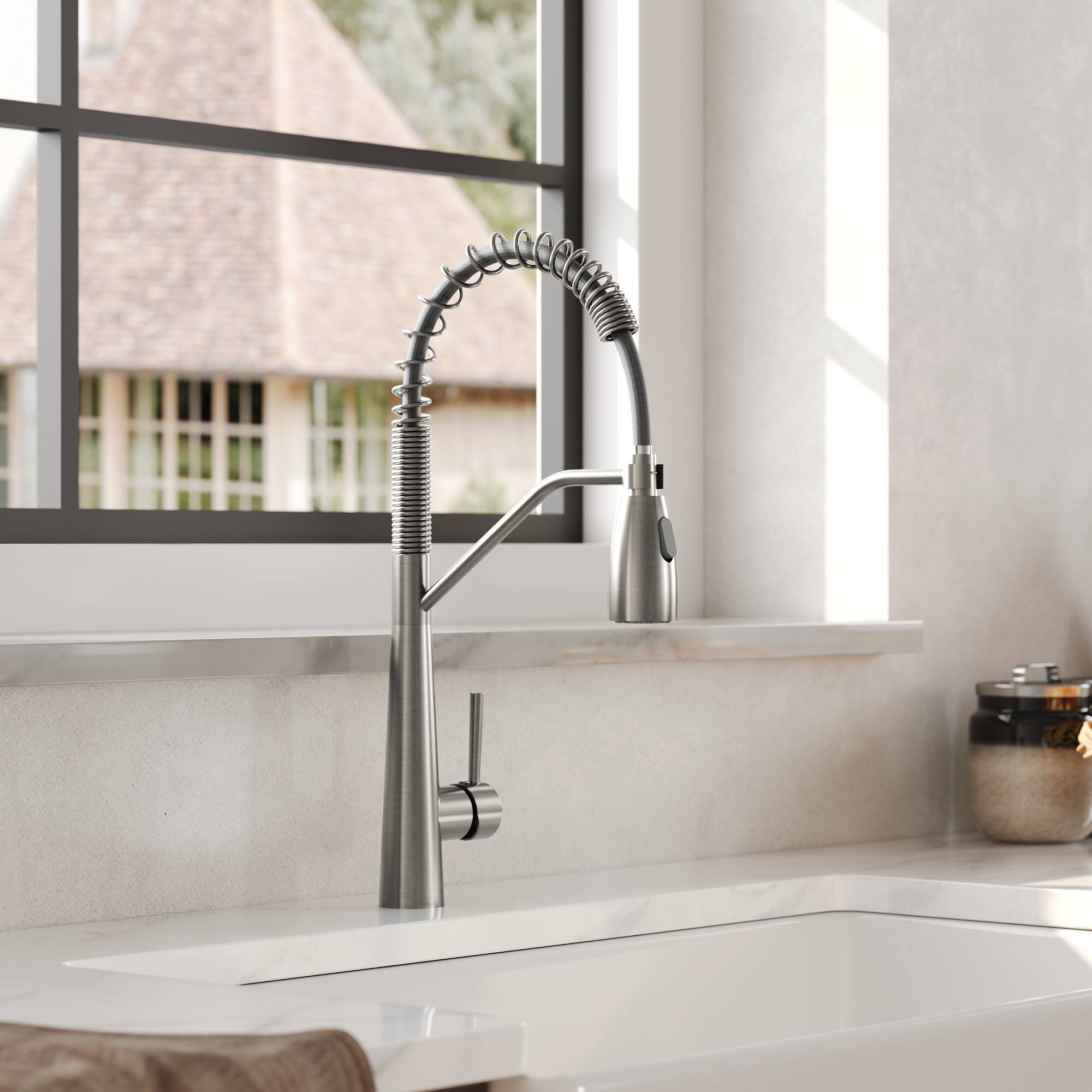 Angle. GRANDJOY - Kitchen Faucet with Pull-Down Sprayer and Spring Spout for Modern Kitchen Renovation - Brushed Nickel.