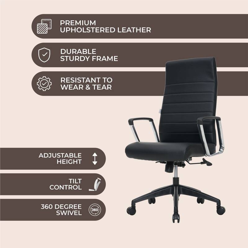 PREMIUM UPHOLSTERED LEATHER  
DURABLE STURDY FRAME  
RESISTANT TO WEAR & TEAR  
ADJUSTABLE HEIGHT  
TILT CONTROL  
360 DEGREE SWIVEL